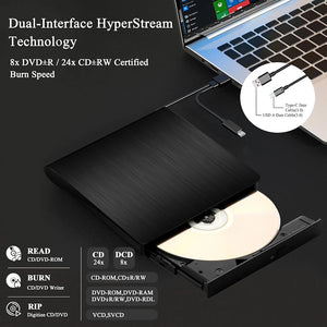 External CD/DVD Drive for Laptop - Portable Ultra-Slim External, Compatible with Laptop, Desktop PC, Mac OS, Mac MacBook Pro, USB 3.0 Port / USB C - Black