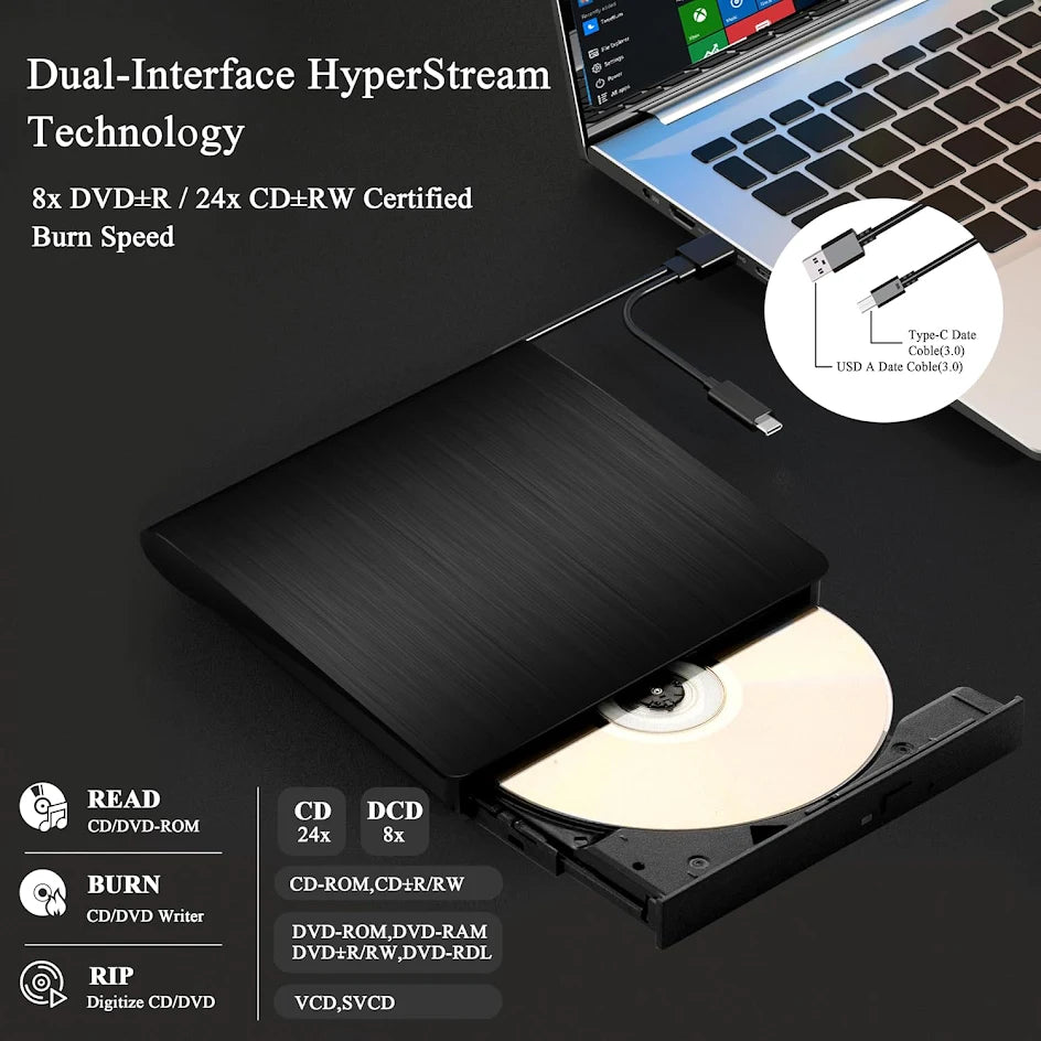 External CD/DVD Drive for Laptop - Portable Ultra-Slim External, Compatible with Laptop, Desktop PC, Mac OS, Mac MacBook Pro, USB 3.0 Port / USB C - Black