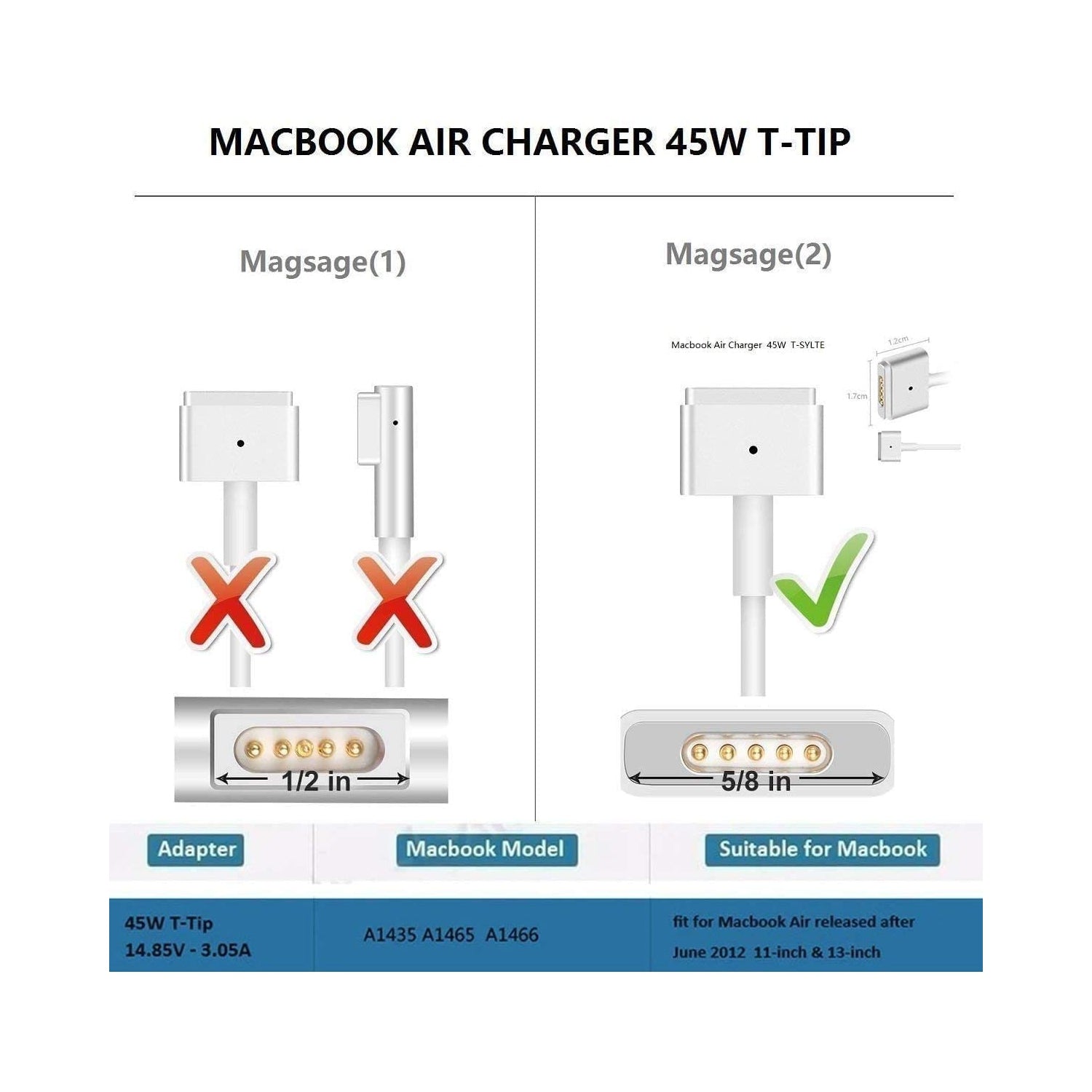New Compatible Macbook Charger 14.85V 3.05A 45W T-Tip Magsafe 2 Power Adapter for Apple MacBook Air 11"/13" (After Late 2012)