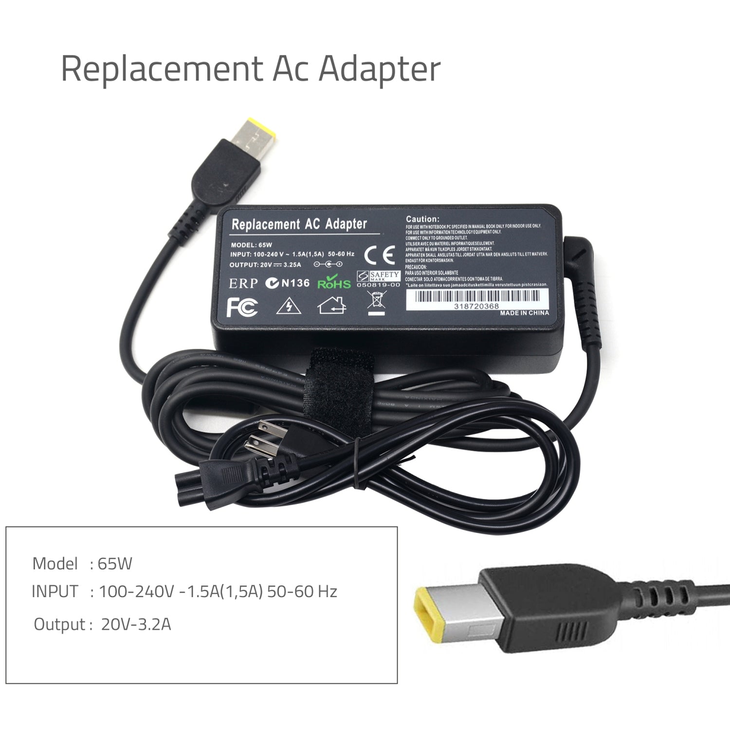 NEW 65W USB AC adapter charger for LENOVO 20V 3.25A Laptop Power Adapter Compatible with Lenovo Thinkpad E440 E540 E531 E431 T440s T440 T450S T460S X240
