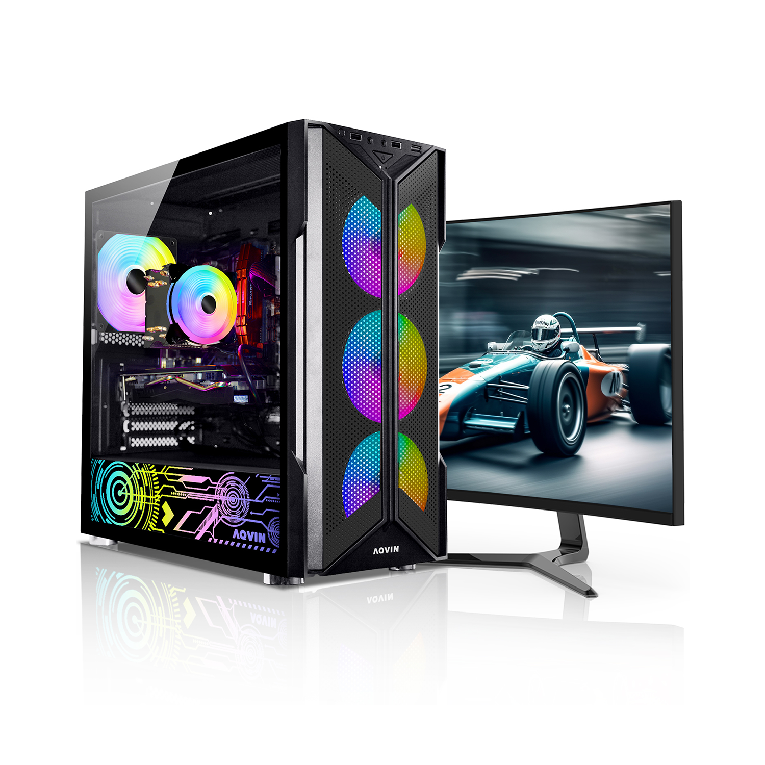 AQVIN AQ20 Gaming Desktop Computer PC Tower - RGB | 27 inch Curved Screen | Intel i7 Quad-Core CPU | 32GB DDR4 RAM | 1TB - 2TB SSD | Windows 10 Pro | RX 580, GTX 1650, 1660s, 3050, 3060, 4060 | WIFI - Gaming Keyboard Mouse