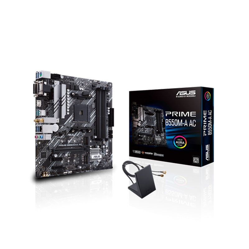 ASUS PRIME B550M-A AC Micro ATX Motherboard, AMD B550 Chipset, AM4 Socket - AMD Ryzen, upto 128GB DDR4,  PCIe 4.0, dual M.2 Slot, WiFi, HDMI 2.1b/DVI/D-Sub, BIOS Flashback and Aura Sync RGB Lights Support Windows 10 - 64-Bit