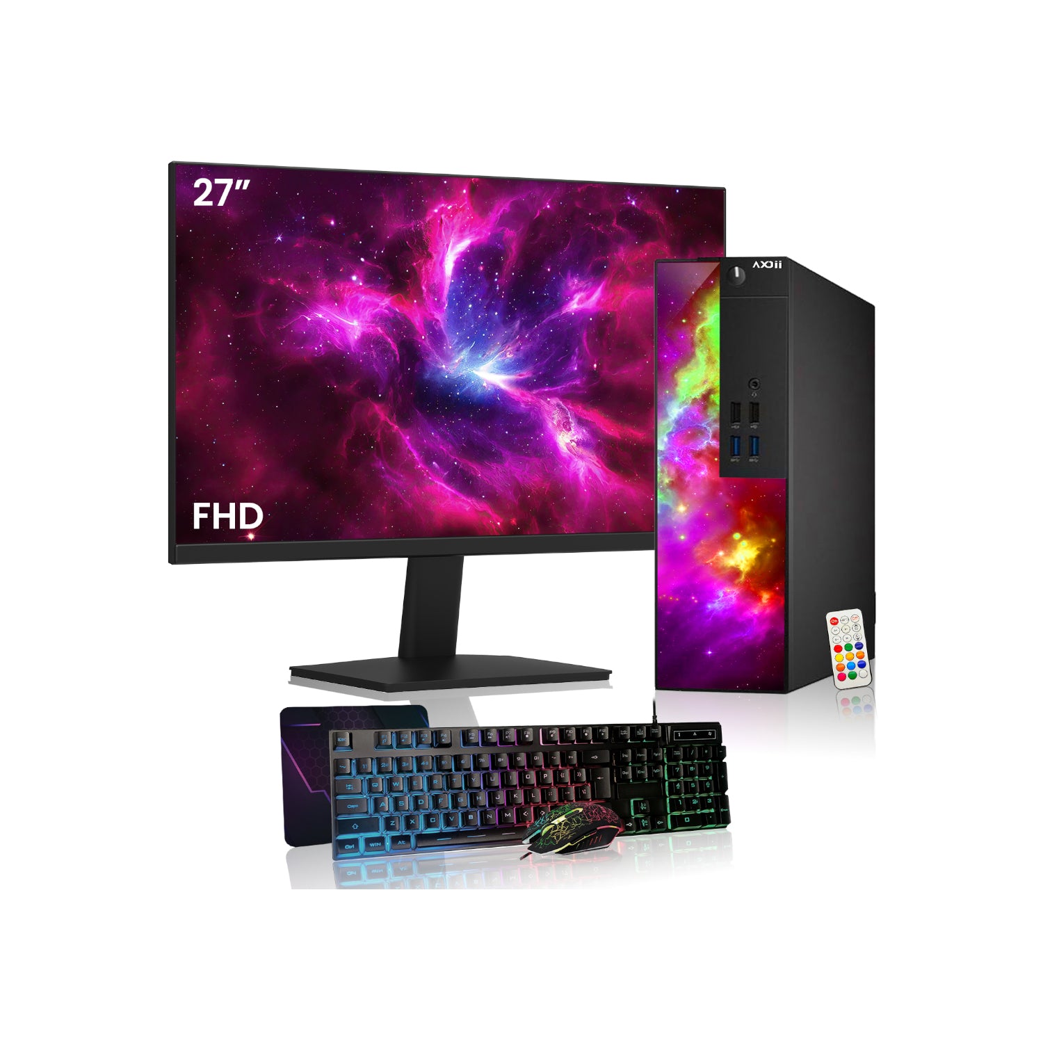 AXOII SPARK Gaming Desktop PC Computer, Intel Core i5/i7 - 8th Gen Processor, Graphics Card - AMD RX 550 / GT1030, 16GB DDR4 RAM, 512GB NVMe SSD, 24/27 Inch FHD Monitor, Wi-Fi, Bluetooth Adapter - Windows 11 Pro
