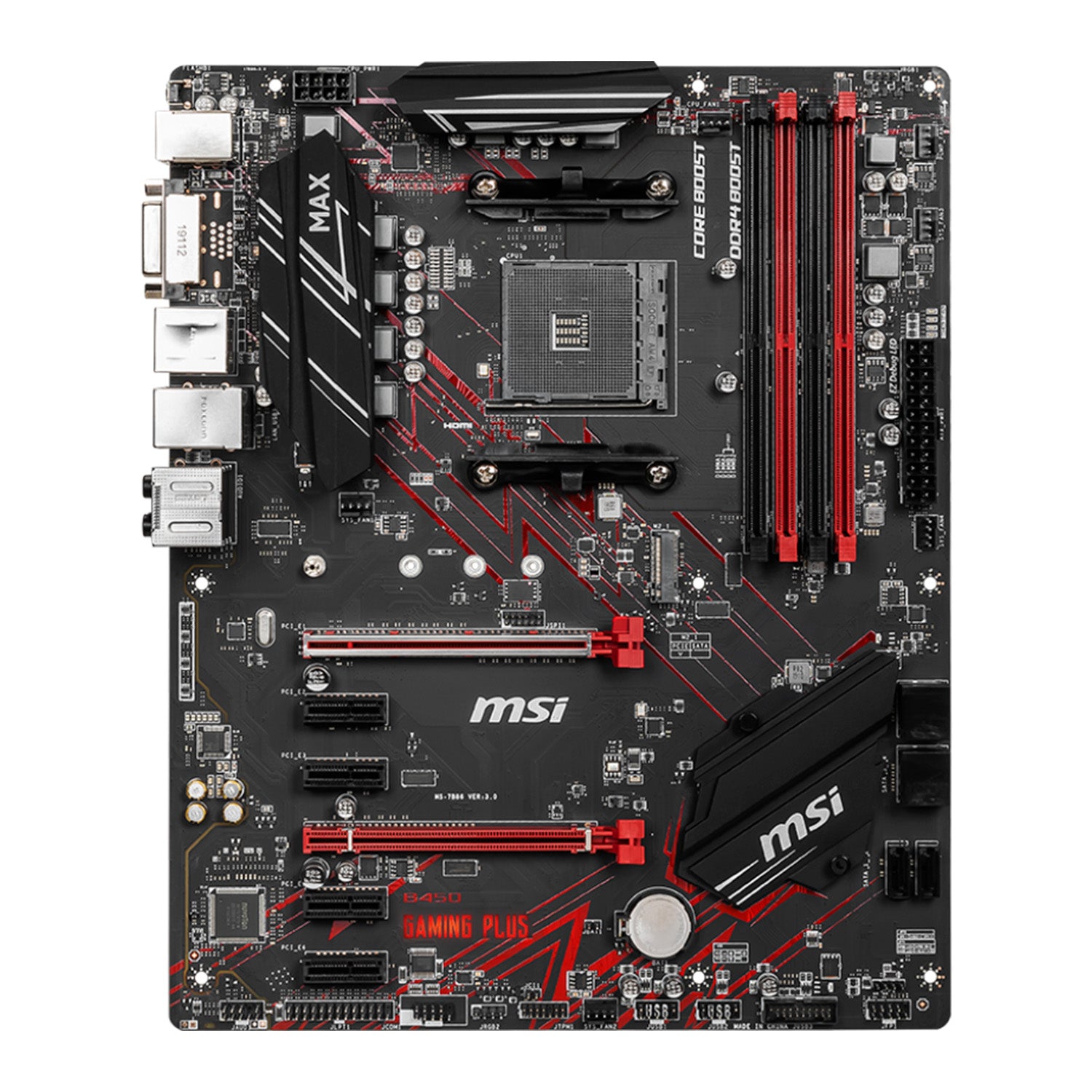 MSI B450 GAMING PLUS MAX Gaming Motherboard,  AMD B450 Chipset, AM4 Socket, Turbo M.2, PCI-E DDR4 Boost,  (Max Memory 128GB),  Support Windows 7, 10 64=Bit,  HDMI / DVI-D Port