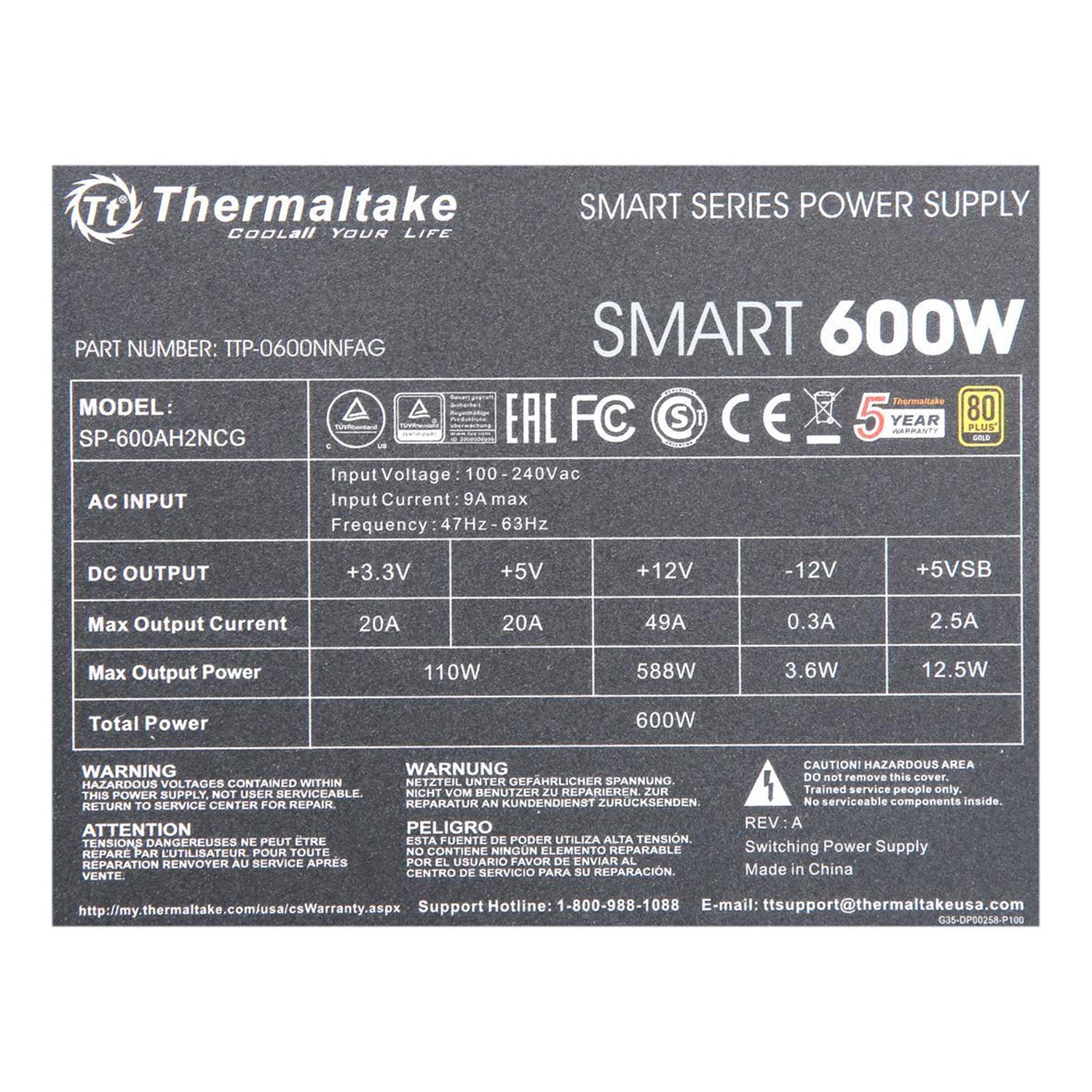 Thermaltake Smart 600W Power Supply ATX12V 80 PLUS GOLD Certified Non-Modular, Ultra Quiet 120mm Fluid Dynamic Bearing Fan Only Bulk Pack - (PS-TTP-0600NNFAGU-1)