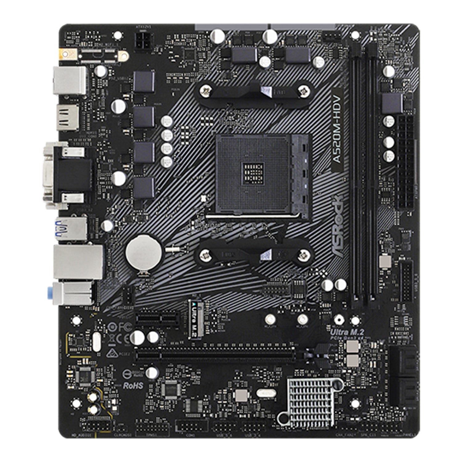 ASRock A520M-HDV AMD AM4 micro ATX motherboard with DDR4 4600MHz, Ultra M.2, USB 3.2 Gen 2 ports, SATA 6 Gbps