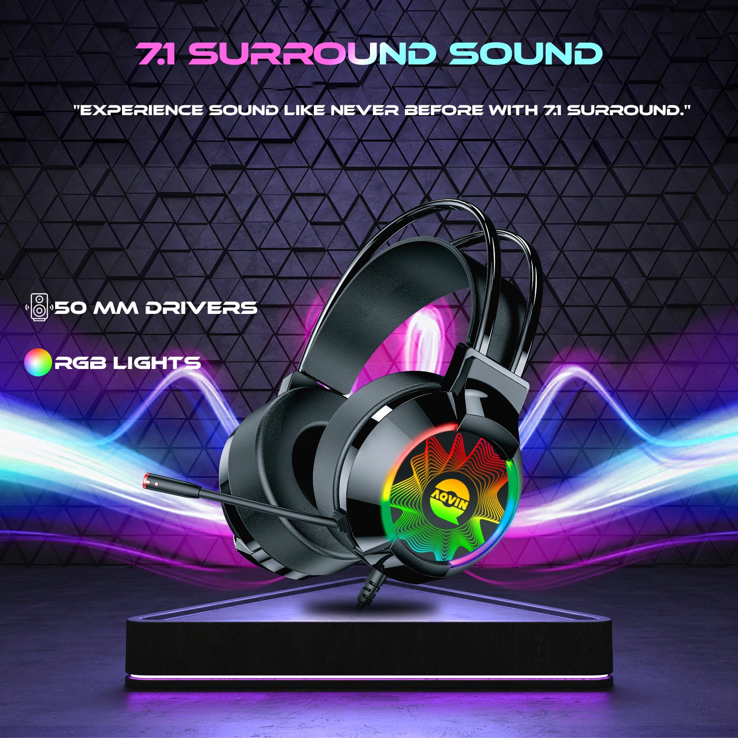 AQVIN Q310 RGB Wired Gaming Headset, RGB Backlight, 7.1 Stereo Surround Sound, 50MM Drivers, Adjustable Microphone, Over-Ear Headphones for PC, Laptop etc - Black