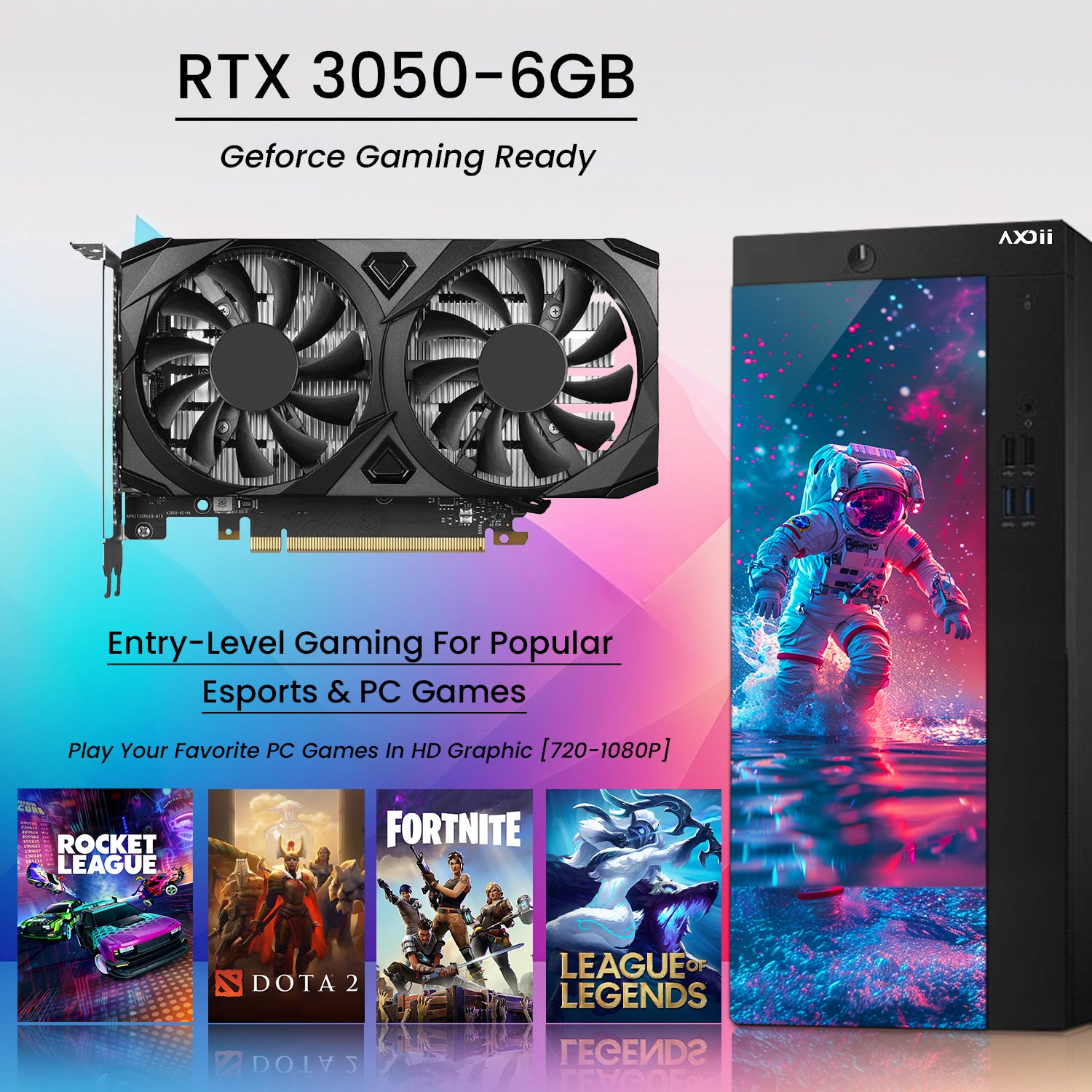 AXOII Spaceman Gaming PC, Intel Core i5/i7 Processor, Graphics Card - GTX 1050 / GTX 1650 / RTX 3050, 16GB DDR4 RAM, 1TB SSD, 24/27 Inch Gaming Monitor, Bluetooth - Windows 11 Pro