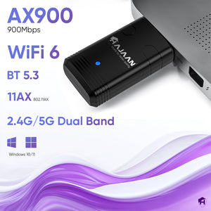 HAJAAN AX 900 Mbps Wireless USB Adapter with Bluetooth 5.3, Dual Band 2.4/5.8 GHz, High-Speed WiFi Dongle for Desktop PC/Laptop, Wireless Network Adapter Supports Windows 10/11