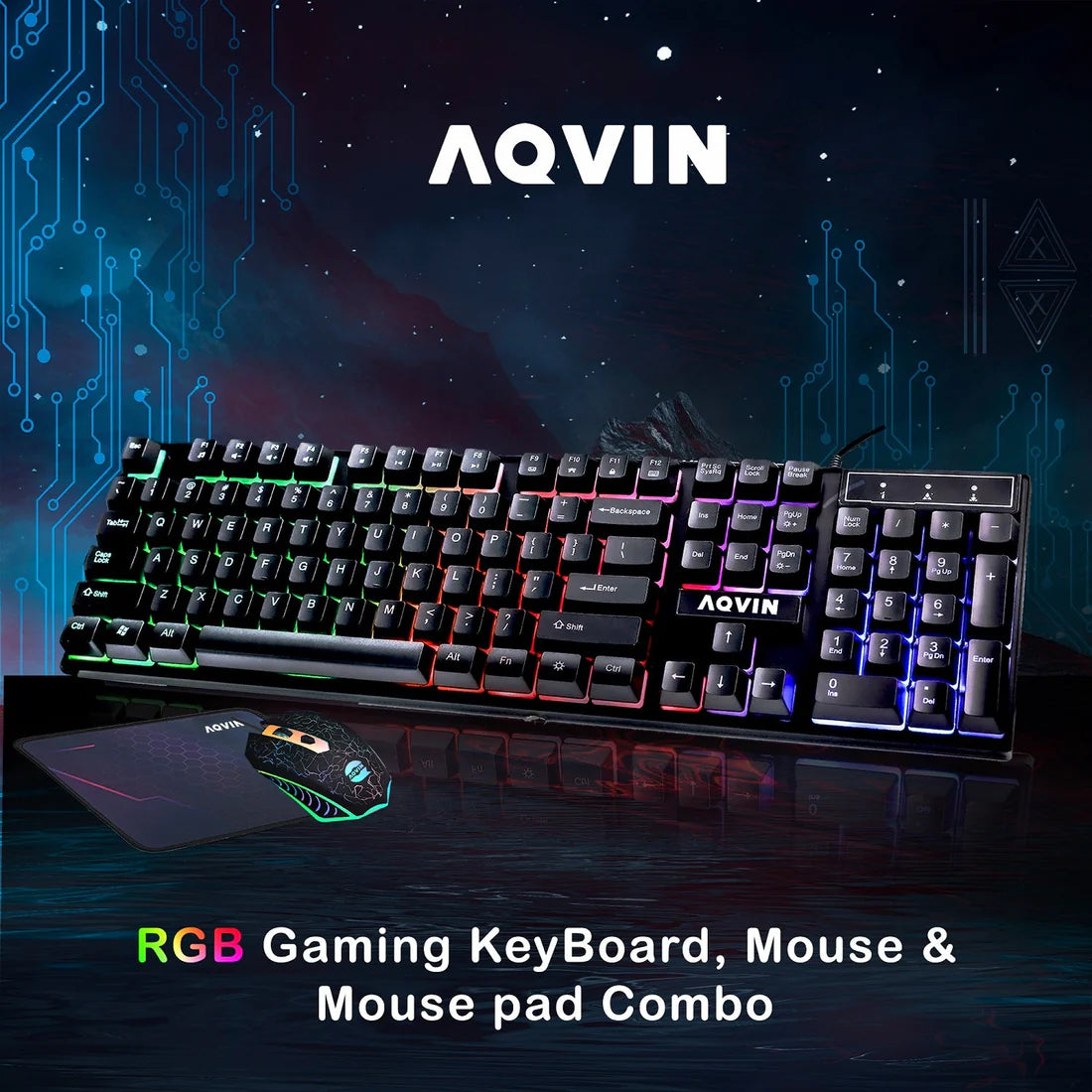 AQVIN LuminaRings Desktop Tower PC, Intel Core i5/I7 - 6th Gen CPU, 8GB - 16GB RAM, 256GB - 512GB SSD, Windows 11 Pro, RGB Keyboard and Mouse - Refurbished