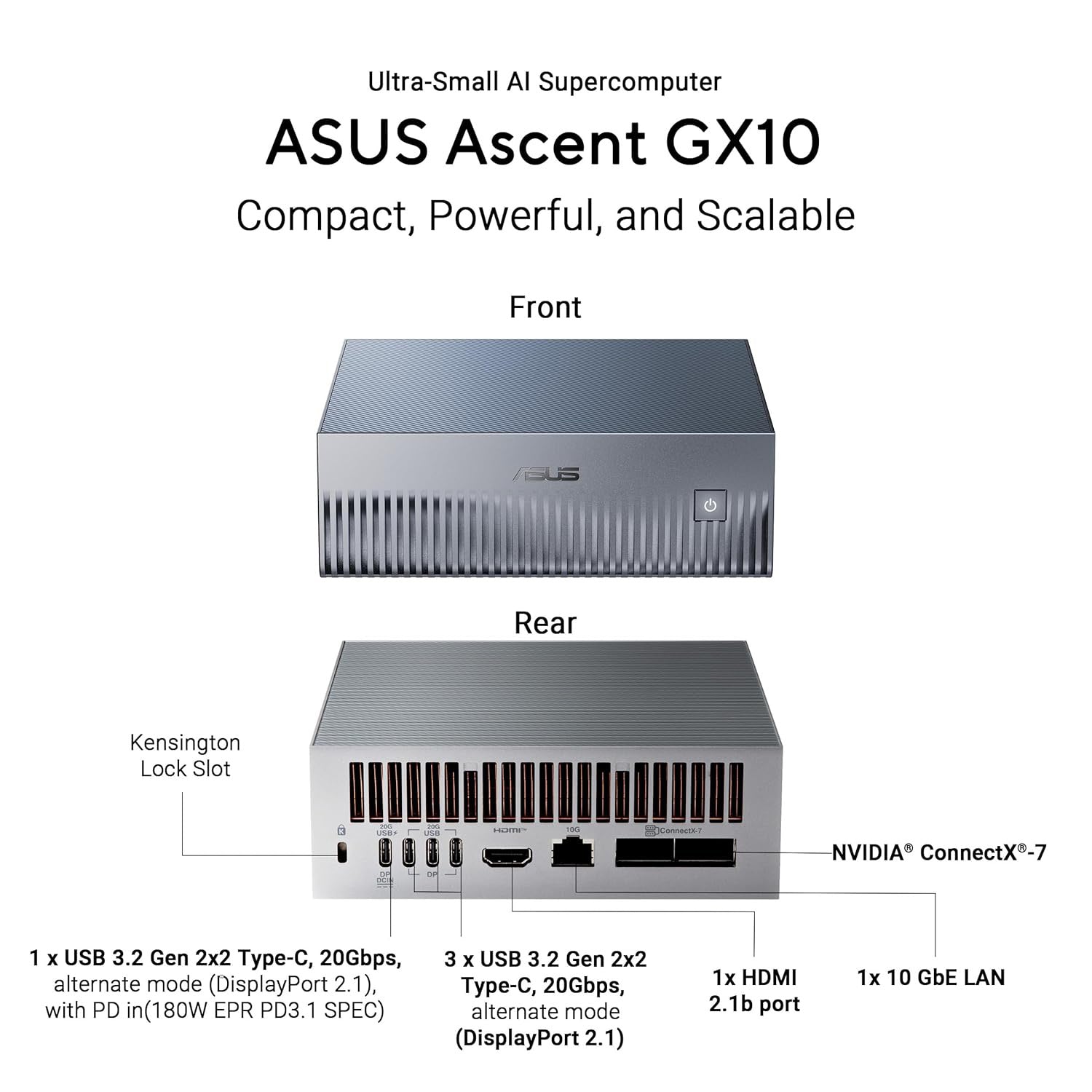 ASUS Ascent GX10 Ultra-Small AI Supercomputer - NVIDIA GB10 Grace Blackwell | 128GB Unified Memory | DGX Spark Developer Desktop