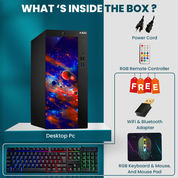 AXOII Custom RGB Desktop PC, Intel Core i5/i7 - 6th Gen Processor, 24-Inch FHD Monitor, 8GB - 16GB RAM, 256GB - 512GB SSD, Wi-Fi, Bluetooth - Windows 11 Pro