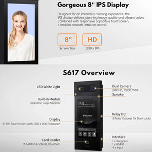 Dnake S617/S Dual HD Cameras - 8 Inch Facial Recogination Android 2MP PoE+ DoorPhone Station, IPS LCD Display, 120° Wide viewing angle, Support surface & flush mounting