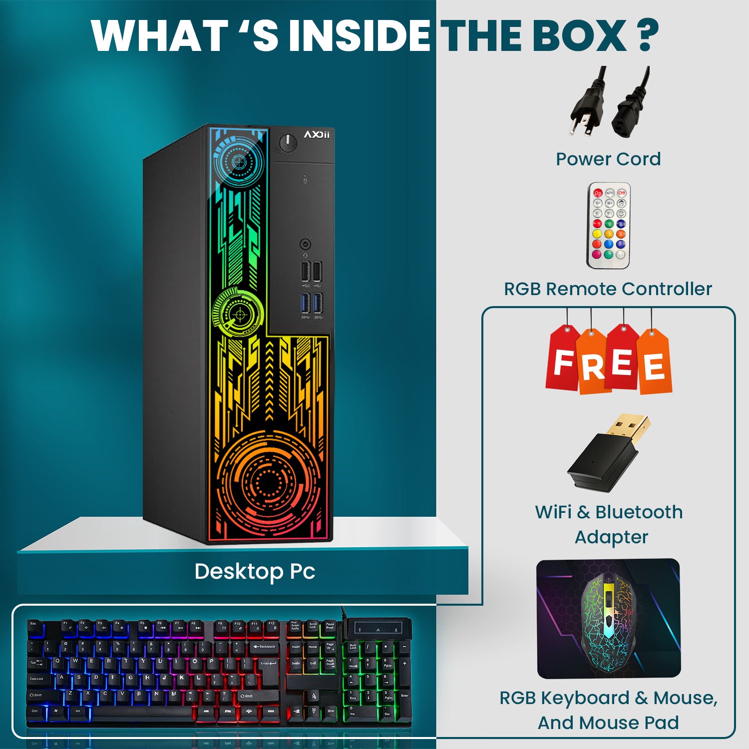 AXOII Electra Gaming Desktop PC, Intel Core i7 Processor, Graphics Card - AMD RX 550 / GT1030, 16GB DDR4 RAM, 512GB - 1TB NVMe SSD, 24/27 Inch FHD Monitor, Bluetooth - Windows 11 Pro