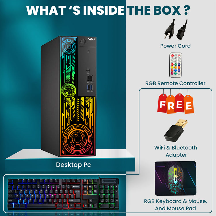 AXOII Electra Gaming Desktop PC, Intel Core i7 Processor, Graphics Card - AMD RX 550 / GT1030, 16GB DDR4 RAM, 512GB - 1TB NVMe SSD, 24/27 Inch FHD Monitor, Bluetooth - Windows 11 Pro