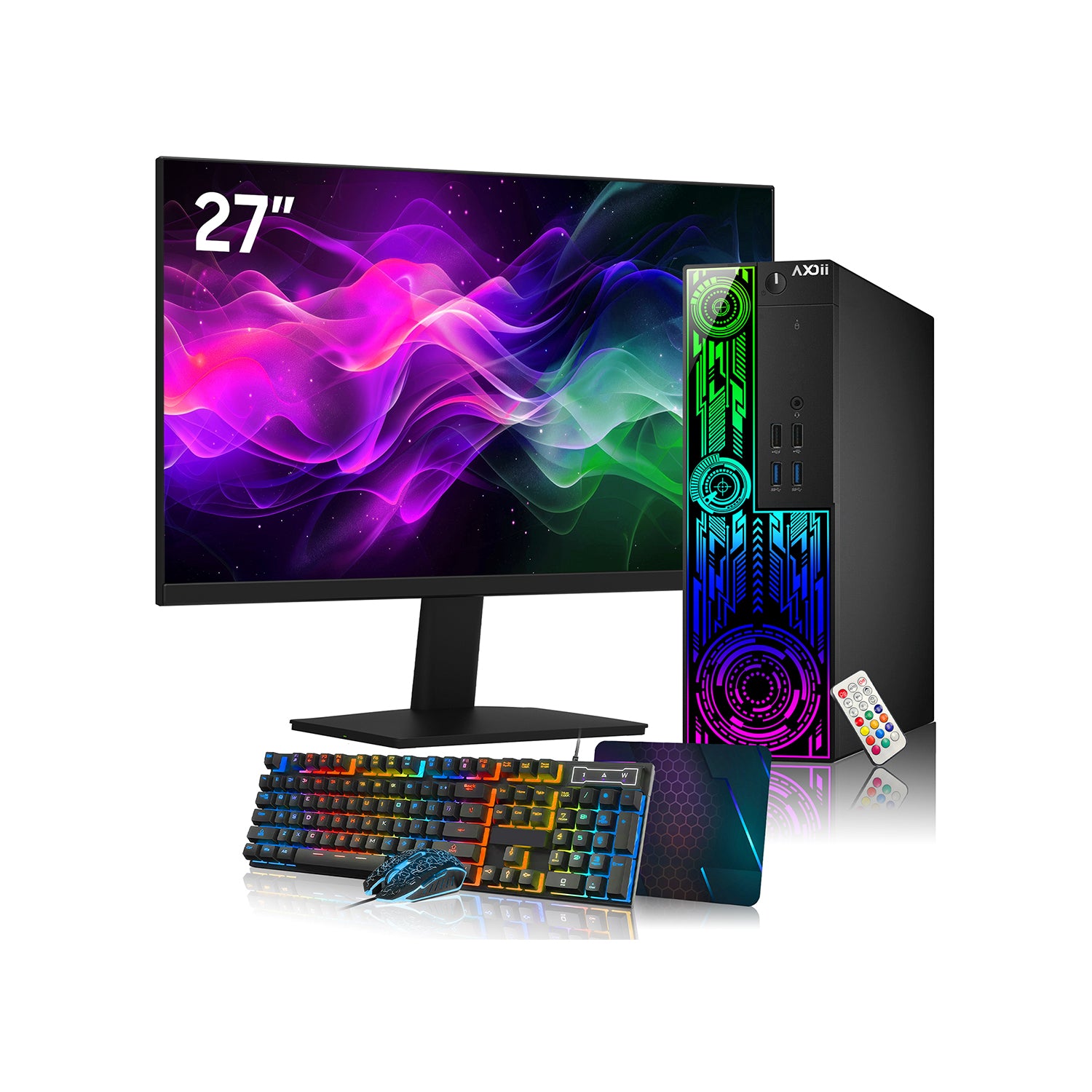 AXOII Electra Gaming Desktop PC, Intel Core i7 Processor, Graphics Card - AMD RX 550 / GT1030, 16GB DDR4 RAM, 512GB - 1TB NVMe SSD, 24/27 Inch FHD Monitor, Bluetooth - Windows 11 Pro