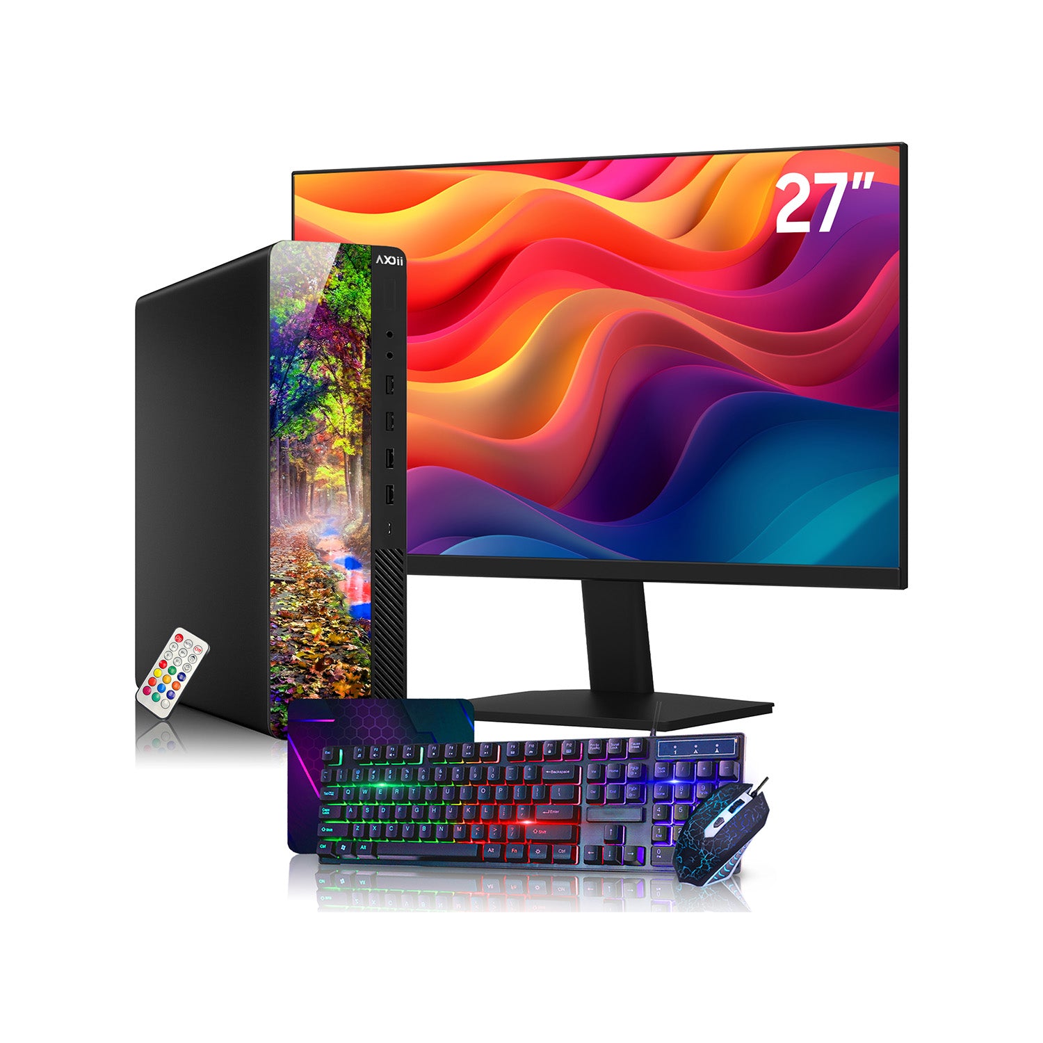 AXOII RGB Desktop PC Bundle with 24" / 27" Display FHD Monitor - Intel Core i5 / i7 - 8th Gen Processor, 16GB DDR4 RAM, 256GB / 512GB SSD, Wi-Fi, Windows 11 Pro - Refurbished