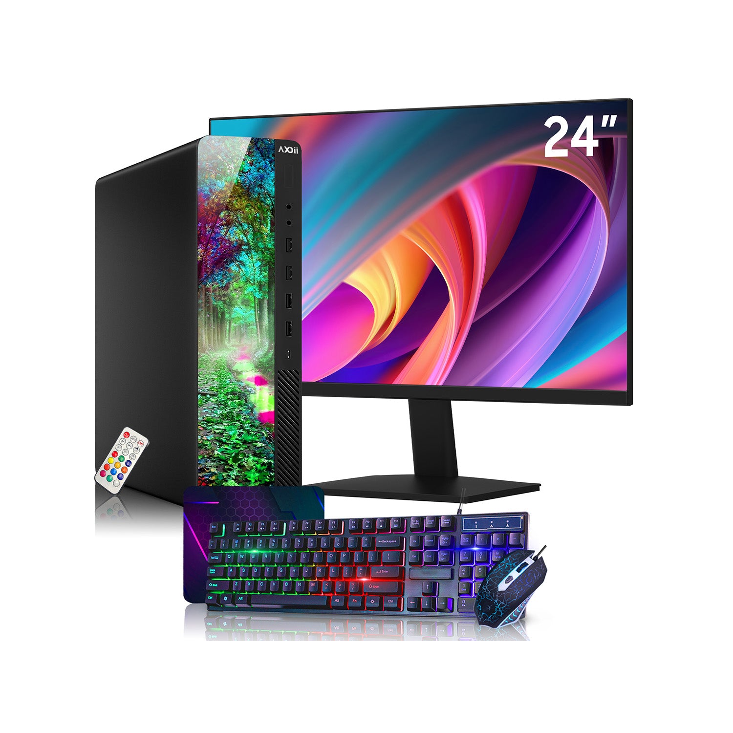 AXOII RGB Desktop PC Bundle with 24" / 27" Display FHD Monitor - Intel Core i5 / i7 - 8th Gen Processor, 16GB DDR4 RAM, 256GB / 512GB SSD, Wi-Fi, Windows 11 Pro - Refurbished