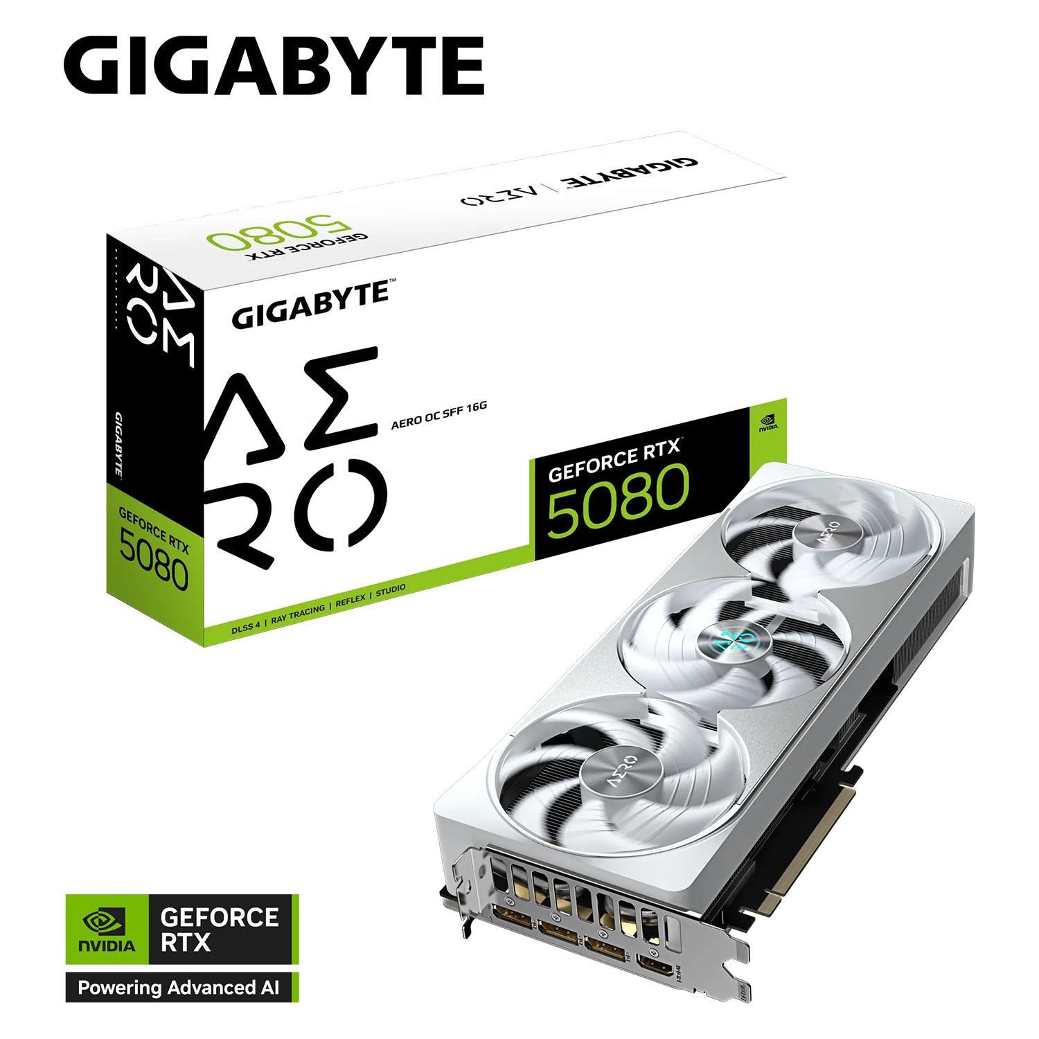 GIGABYTE GeForce RTX 5080 AERO OC SFF Graphics Card - 16GB GDDR7, WindForce Cooling System With HAWK Fan, 256-Bit Memory, 3x Display Port / HDMI - (GV-N5080AERO OC-16GD)