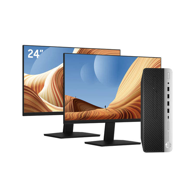 HP G4 SFF Desktop PC - Intel Core i7 - 8th Gen Up to 4.60 GHz Processor, 16GB DDR4 RAM, 256GB - 512GB SSD + 500GB HDD, Windows 11Pro, Dual New 24/27 inch FHD Monitor - Refurbished