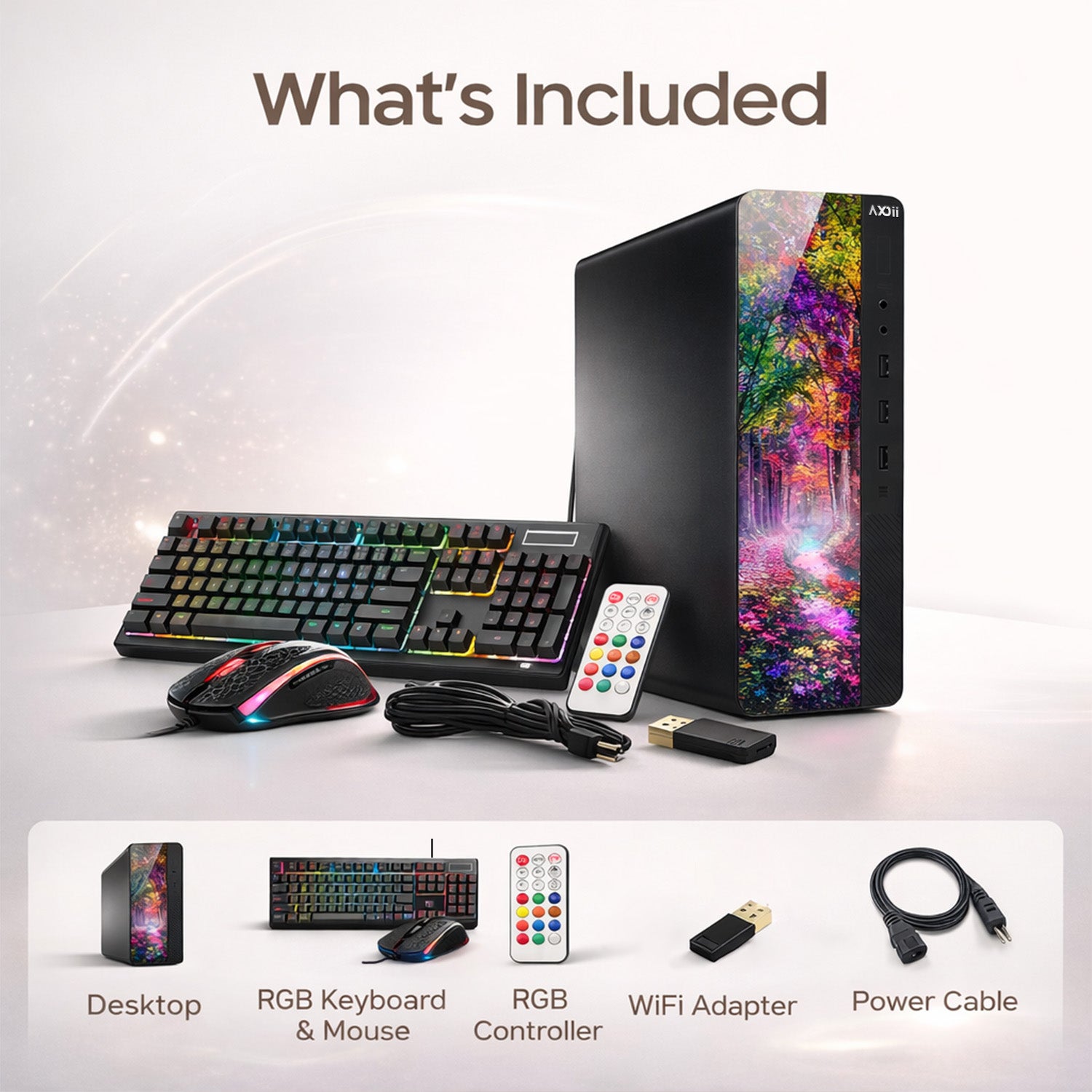 AXOII RGB Desktop PC Bundle with 24" / 27" Display FHD Monitor - Intel Core i5 / i7 - 8th Gen Processor, 16GB DDR4 RAM, 256GB / 512GB SSD, Wi-Fi, Windows 11 Pro - Refurbished