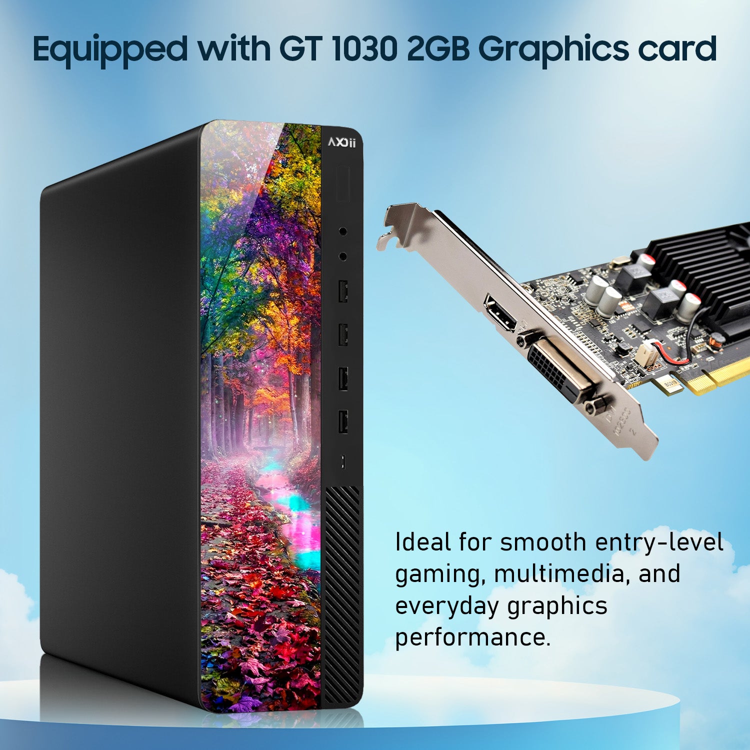 AXOII RGB Gaming Desktop PC – Intel Core i5 / i7, Dedicated Graphics (RX 550 / GT 1030 / RTX 3050), 16GB RAM, 512GB NVMe SSD, WiFi, Bluetooth, Windows 11 Pro - Refurbished