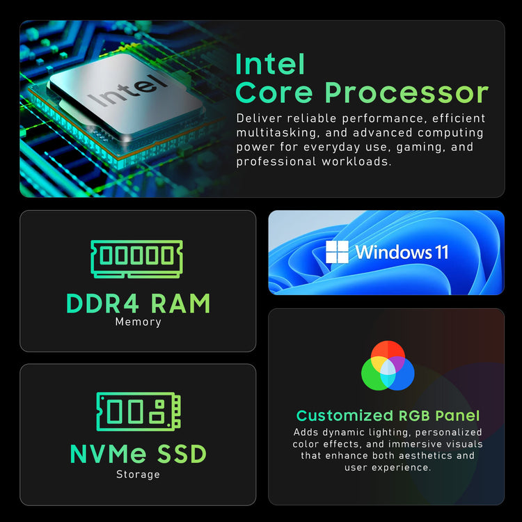 AXOII FLORA RGB Desktop PC - Intel Core i7 / i5, 16GB RAM, NVMe SSD (256GB / 512GB), WiFi, Bluetooth, Windows 11 Pro - Refurbished