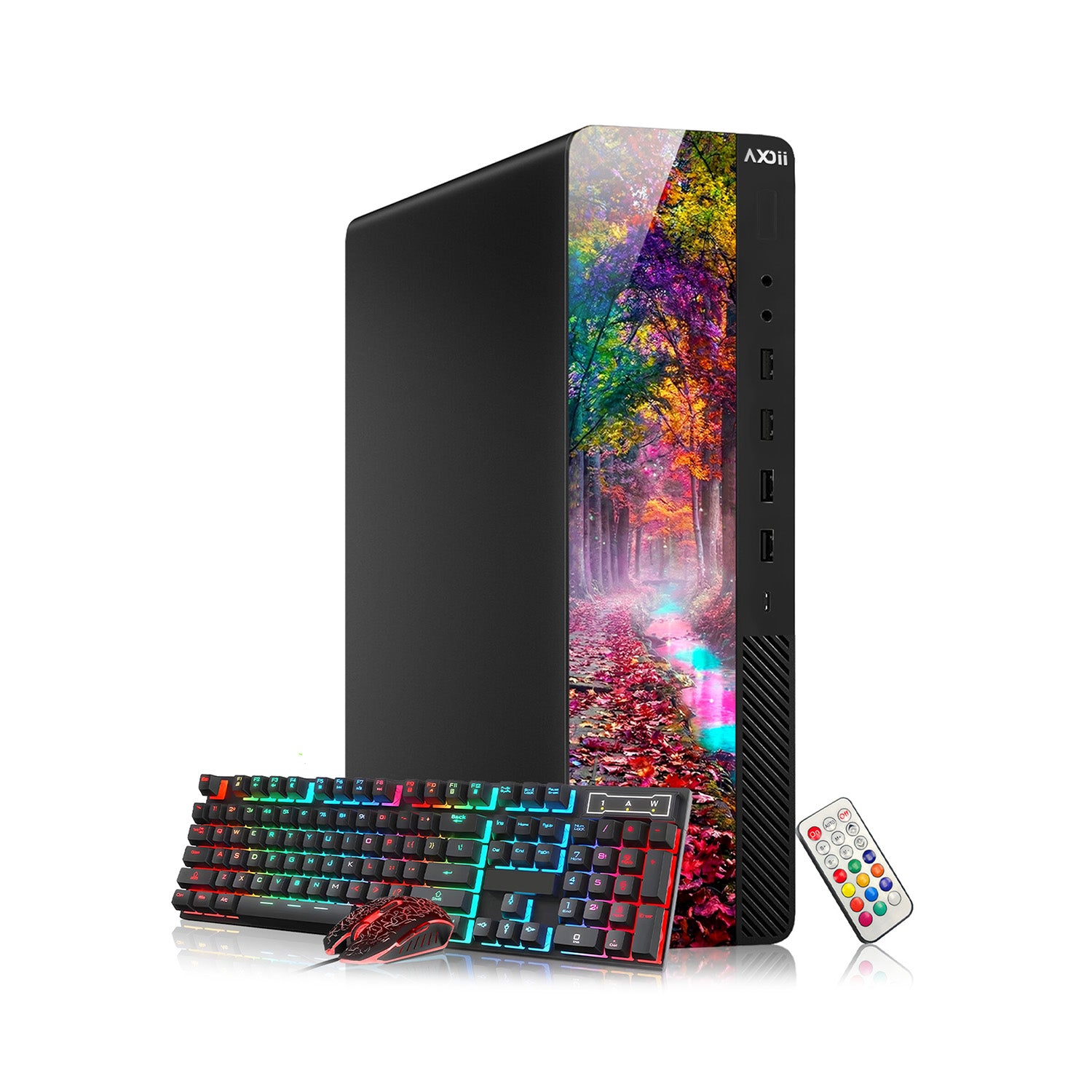 AXOII RGB Gaming Desktop PC – Intel Core i5 / i7, Dedicated Graphics (RX 550 / GT 1030 / RTX 3050), 16GB RAM, 512GB NVMe SSD, WiFi, Bluetooth, Windows 11 Pro - Refurbished