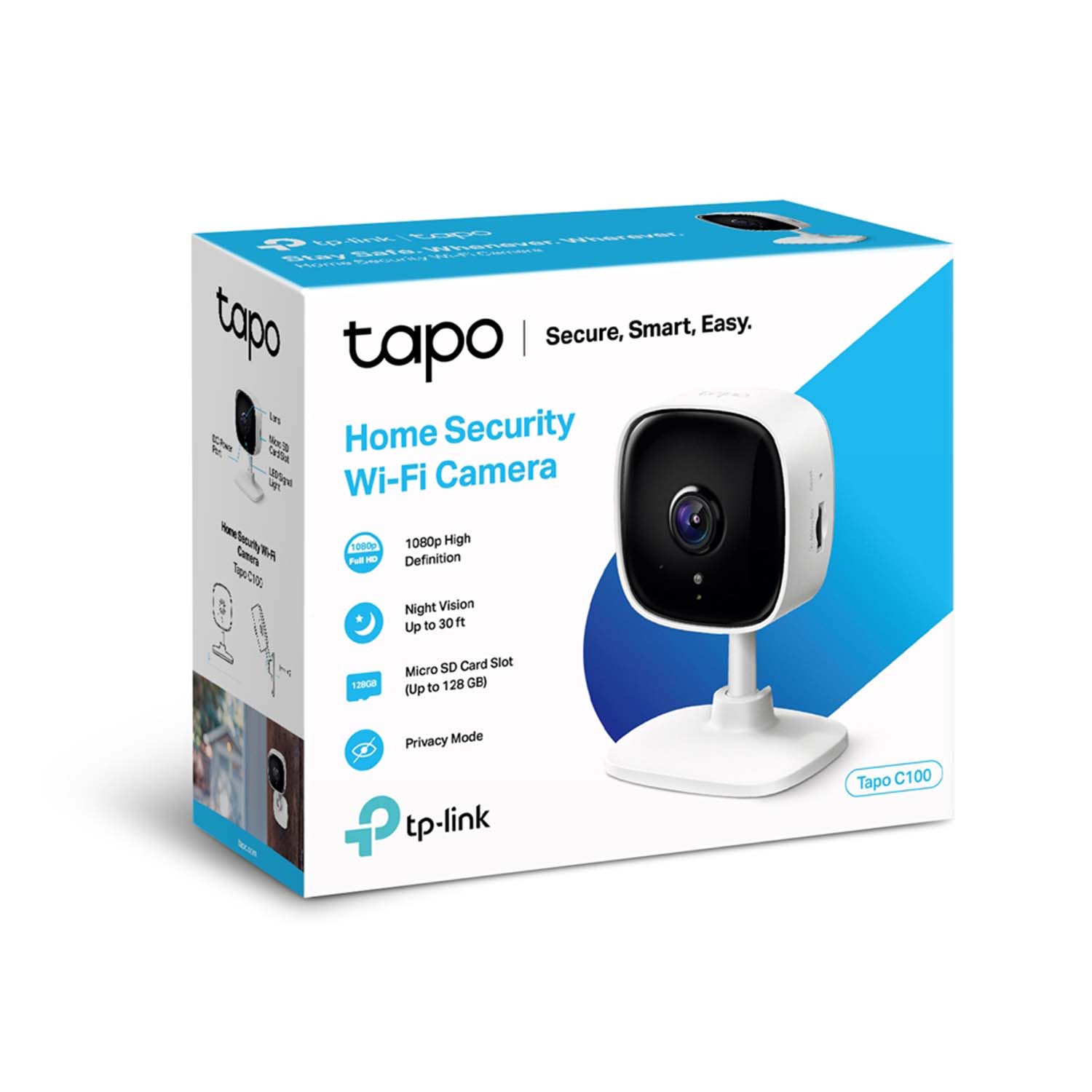 TP-Link Tapo C100 Home Security Wi-Fi Camera, FHD Night Vision up to 30 ft, Micro SD Card Storage Up to 128 GB, Motion Detection, Sound - Light Alarm and 2-Way Audio, Compatible with Alexa - (TAPO C100)