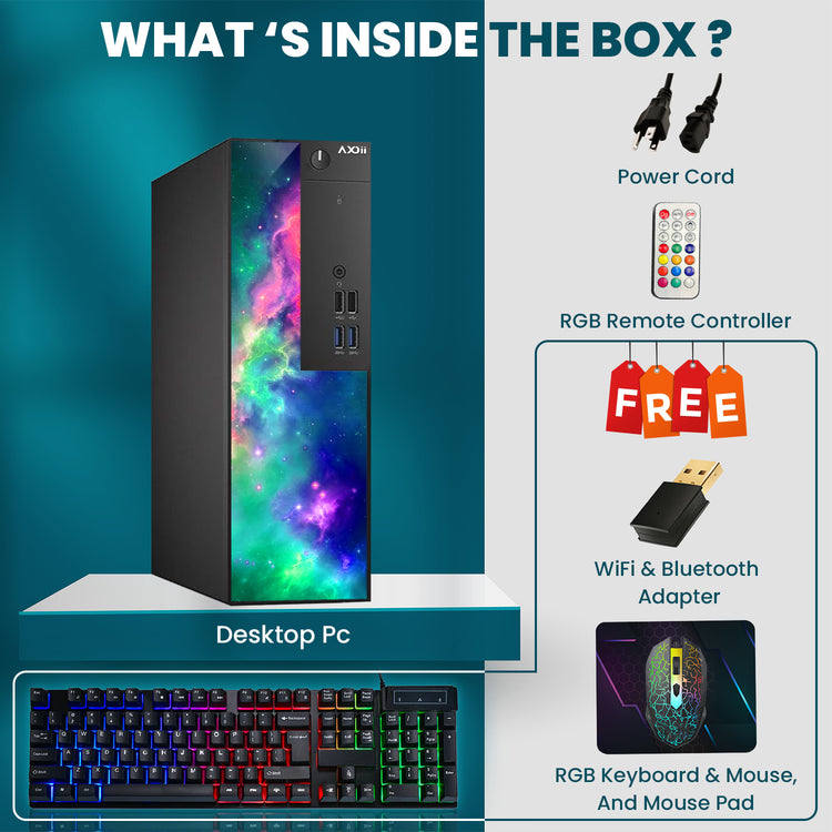 AXOII SPARK Gaming Desktop PC Computer, Intel Core i5/i7 - 8th Gen Processor, Graphics Card - AMD RX 550 / GT1030, 16GB DDR4 RAM, 512GB NVMe SSD, 24/27 Inch FHD Monitor, Wi-Fi, Bluetooth Adapter - Windows 11 Pro