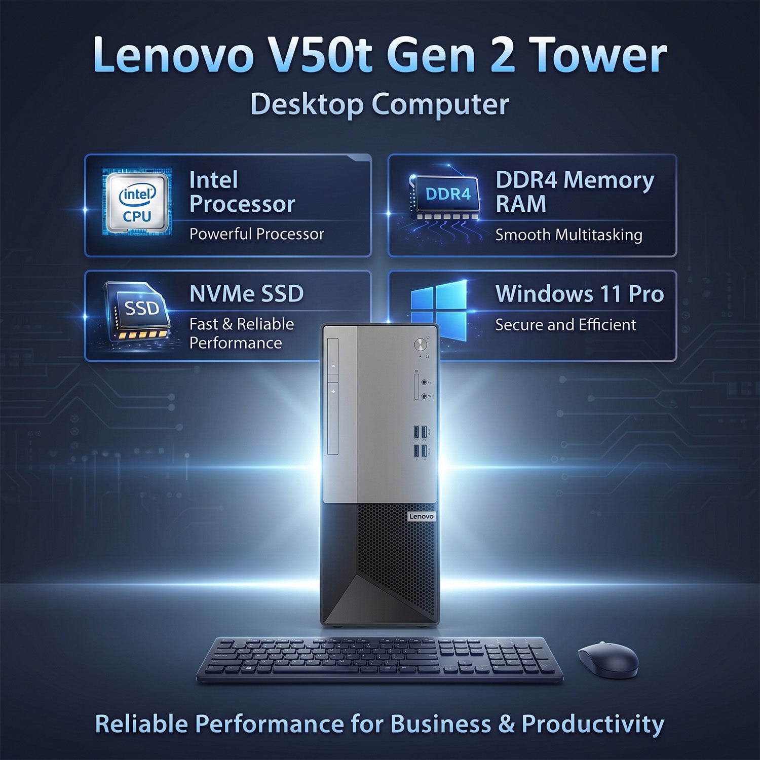 Lenovo V50t Gen 2 Tower Desktop | Intel Core i5-10400 | 16GB RAM | 512GB NVMe SSD | Windows 11 Pro - Refurbished