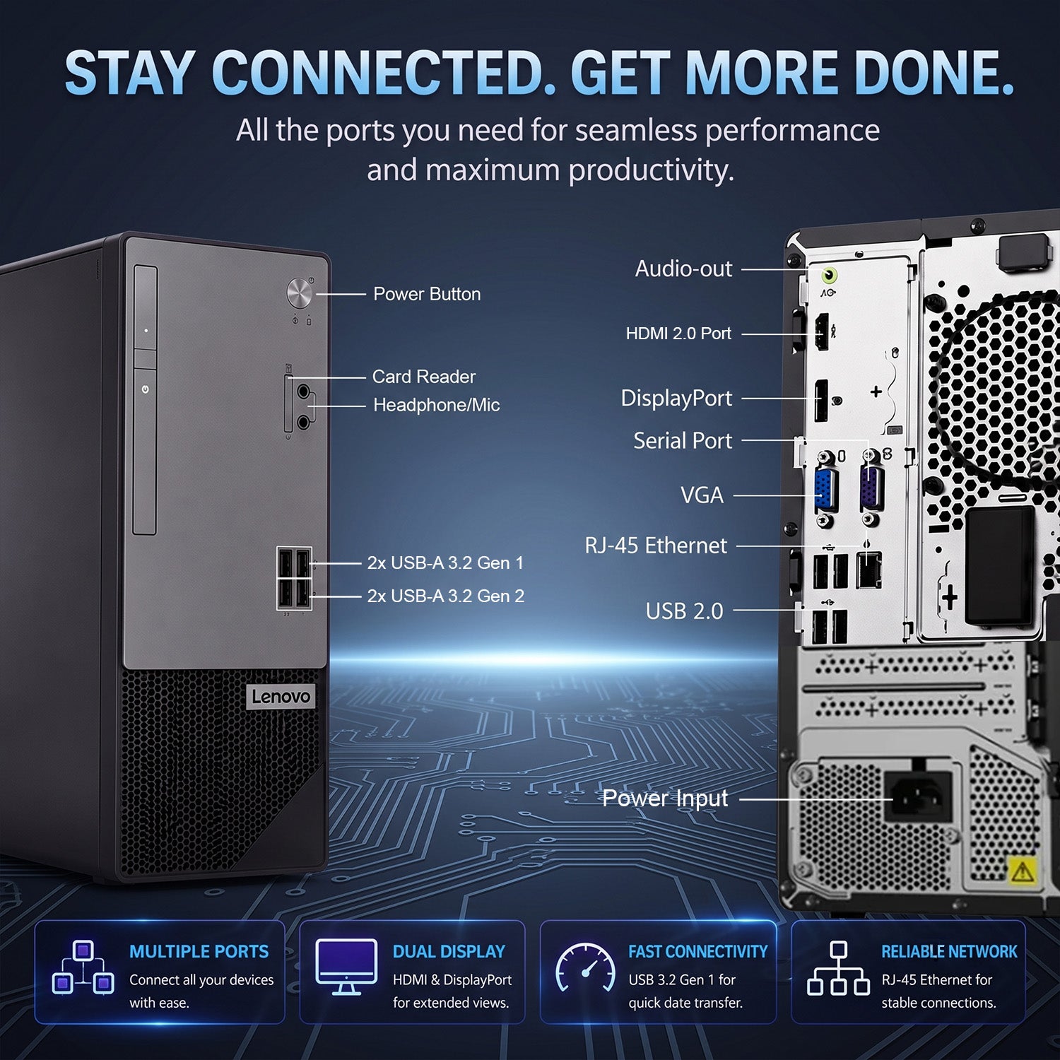 Lenovo V50t Gen 2 Tower Desktop | Intel Core i5-10400 | 16GB RAM | 512GB NVMe SSD | Windows 11 Pro - Refurbished