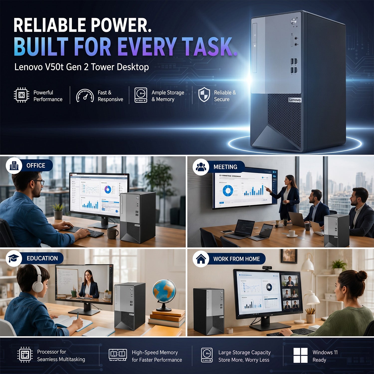 Lenovo V50t Gen 2 Tower Desktop | Intel Core i5-10400 | 16GB RAM | 512GB NVMe SSD | Windows 11 Pro - Refurbished