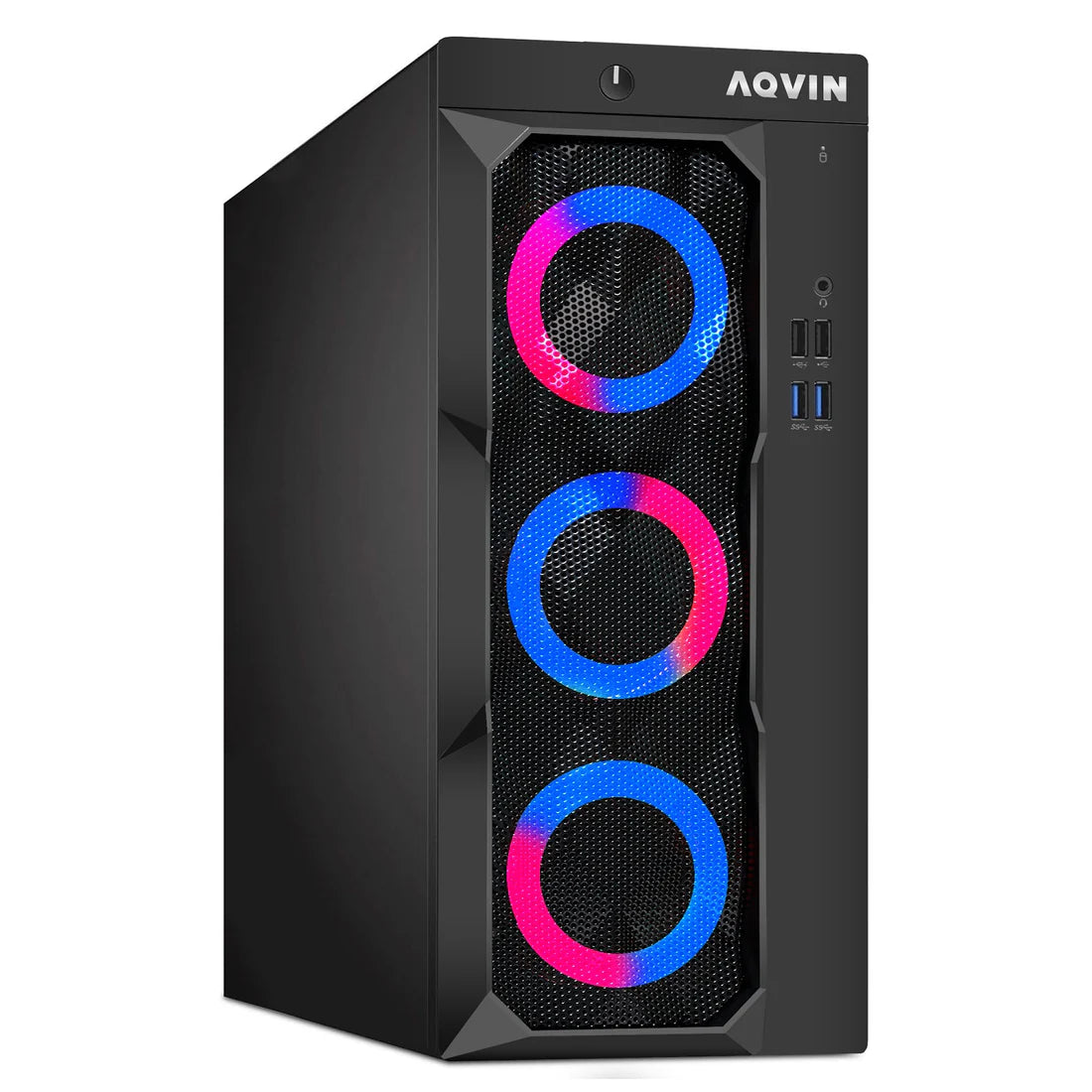 AQVIN LuminaRings Desktop Tower PC, Intel Core i5/I7 - 6th Gen CPU, 8GB - 16GB RAM, 256GB - 512GB SSD, Windows 11 Pro, RGB Keyboard and Mouse - Refurbished