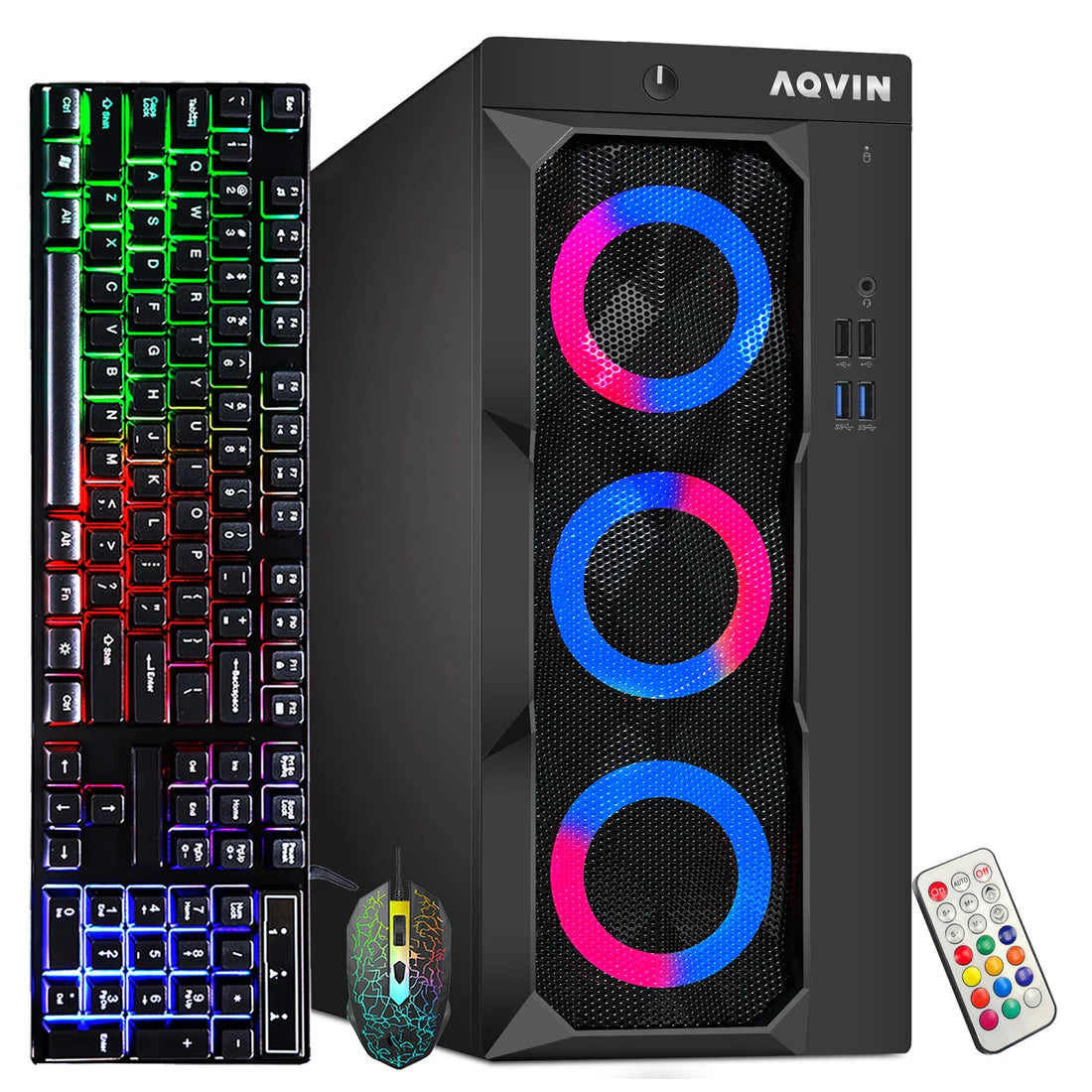 AQVIN LuminaRings Desktop Tower PC, Intel Core i5/I7 - 6th Gen CPU, 8GB - 16GB RAM, 256GB - 512GB SSD, Windows 11 Pro, RGB Keyboard and Mouse - Refurbished
