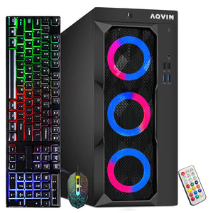 AQVIN LuminaRings Desktop Tower PC, Intel Core i5/I7 - 6th Gen CPU, 8GB - 16GB RAM, 256GB - 512GB SSD, Windows 11 Pro, RGB Keyboard and Mouse - Refurbished