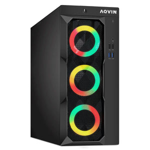 AQVIN LuminaRings Desktop Tower PC, Intel Core i5/I7 - 6th Gen CPU, 8GB - 16GB RAM, 256GB - 512GB SSD, Windows 11 Pro, RGB Keyboard and Mouse - Refurbished