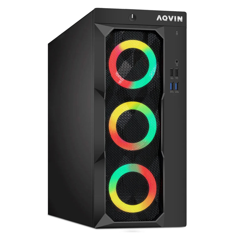 AQVIN LuminaRings Desktop Tower PC, Intel Core i5/I7 - 6th Gen CPU, 8GB - 16GB RAM, 256GB - 512GB SSD, Windows 11 Pro, RGB Keyboard and Mouse - Refurbished