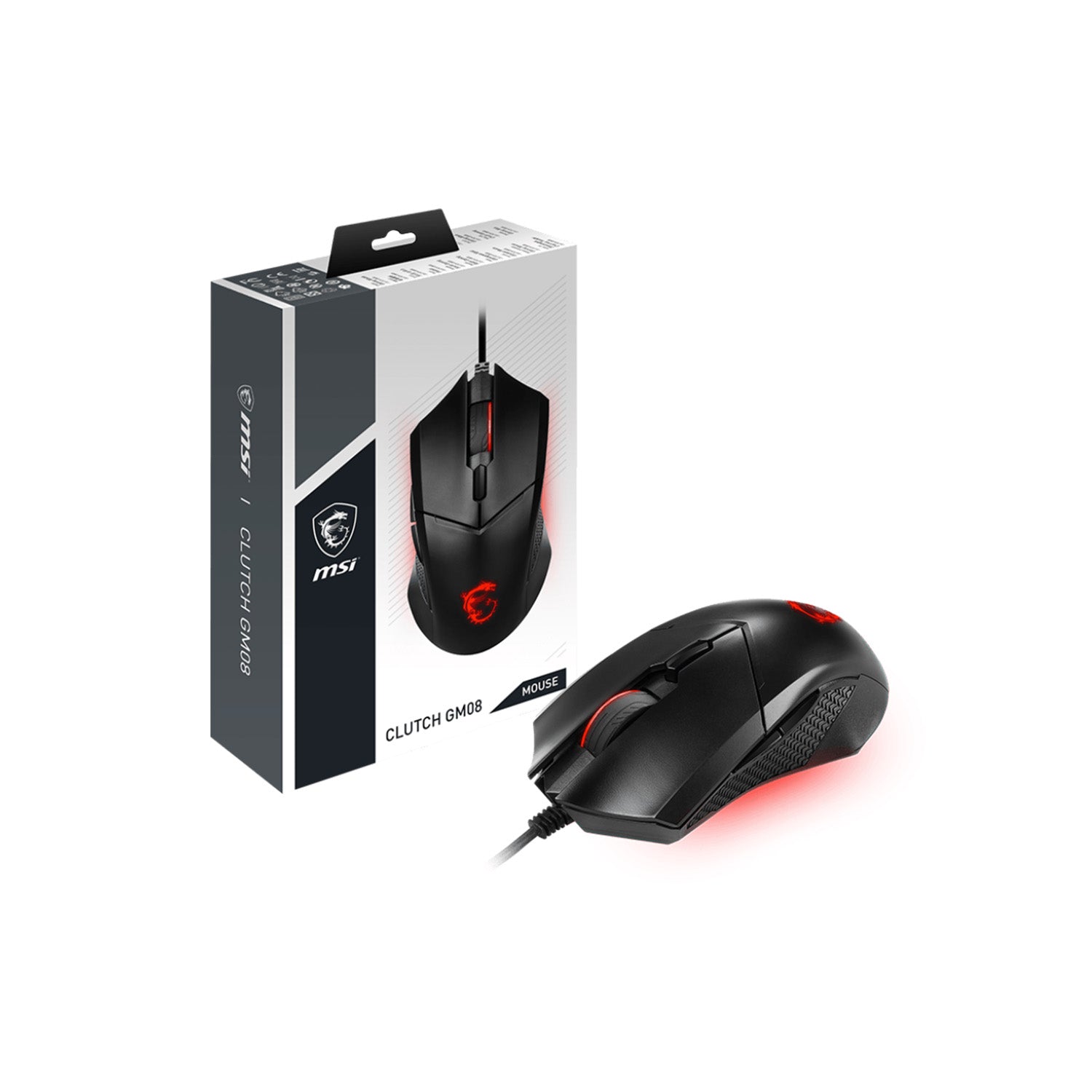 MSI Clutch GM08 Gaming Wired Mouse - Accurate Optical Sensor With Dragon Scale Design Side Grips, On The Fly DPI Changing With Red LED - Black