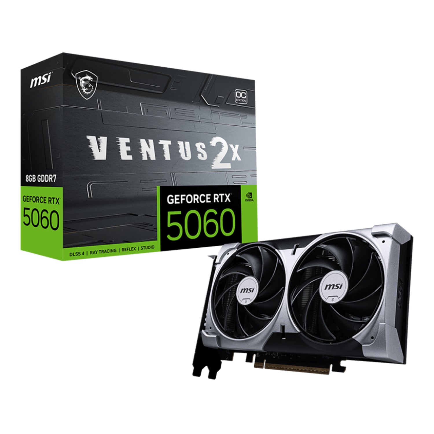 MSI GeForce RTX 5060 8G VENTUS 2X OC Graphics Card, 8GB GDDR7, 128-Bit Memory, Dual-Fan Thermal Design With TORX Fan 5.0, 3x Display Port / HDMI - (G5060-8V2C)