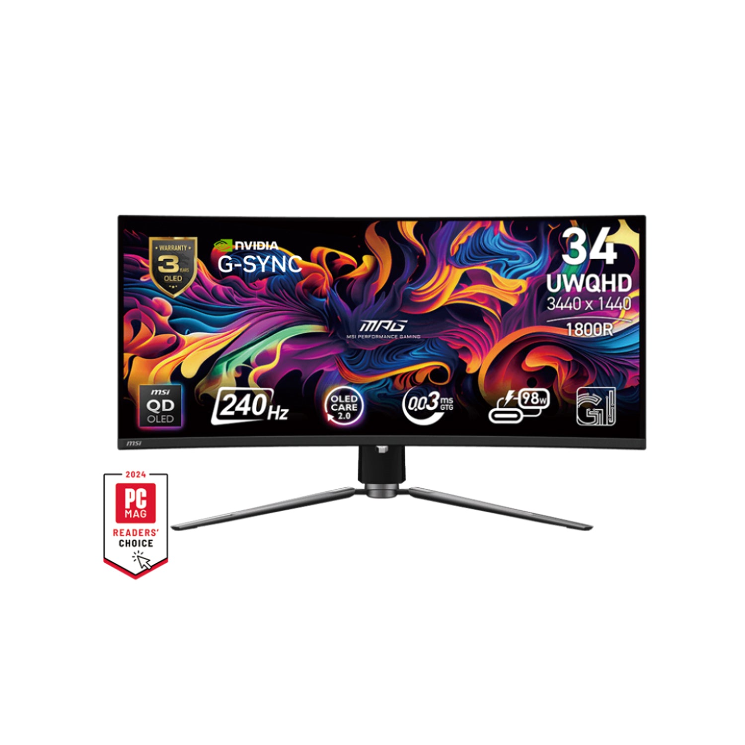 MSI MPG 341CQPX QD-OLED 34" (UWQHD) Gaming Monitor - 240Hz Refresh Rate, QD-OLED Panel, Anti-Reflection Frameless Design With, 2x HDMI / Display Port