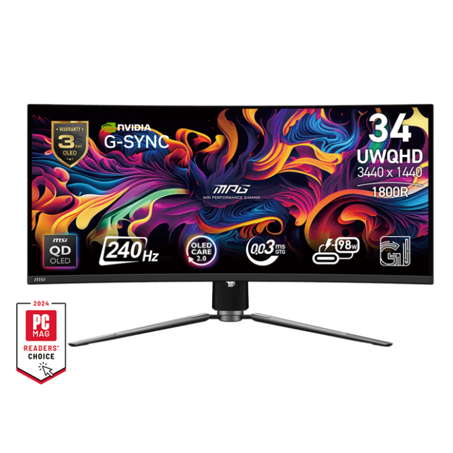 MSI MPG 341CQPX QD-OLED 34" (UWQHD) Gaming Monitor - 240Hz Refresh Rate, QD-OLED Panel, Anti-Reflection Frameless Design With, 2x HDMI / Display Port