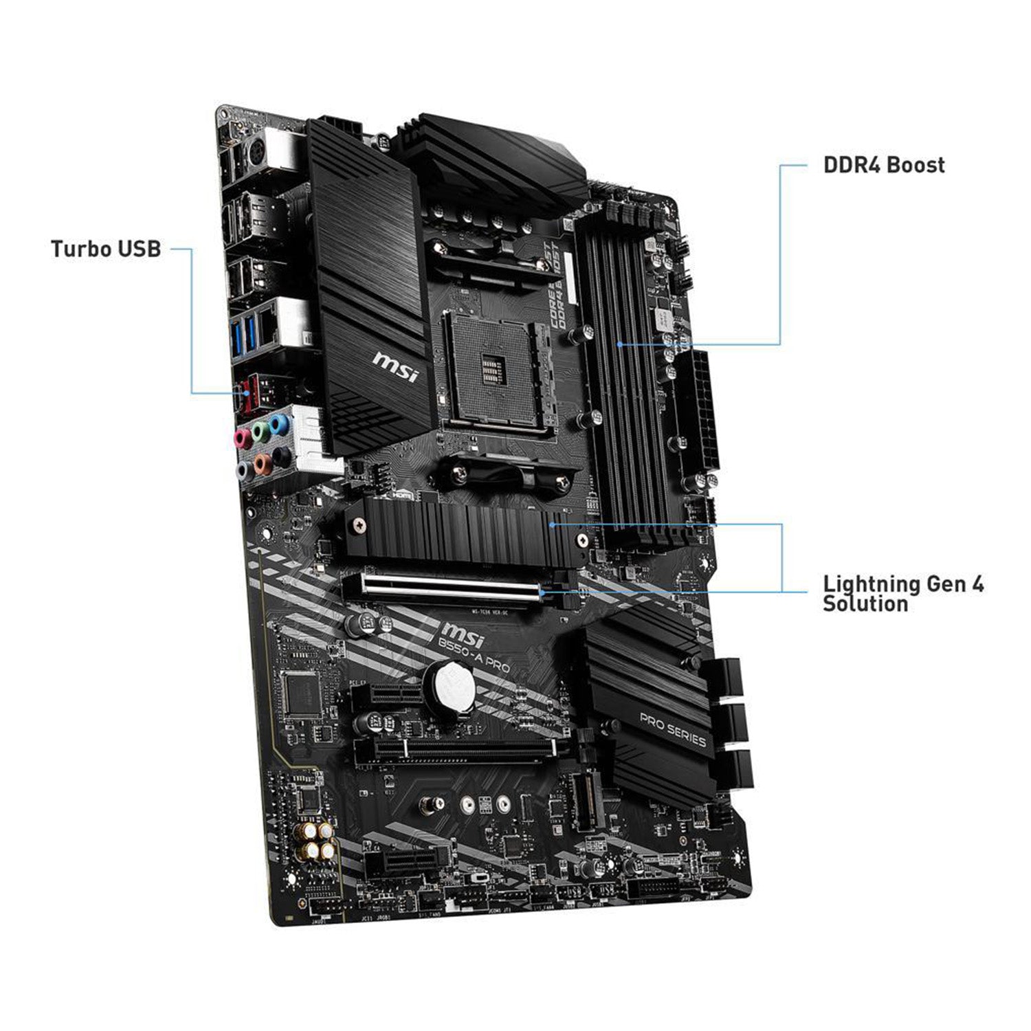 MSI B550-A PRO - AM4 Socket - AMD B550 Chipset - PCIe Gen4/Gen3 - M.2 Slots - DDR4 Memory - HDMI / Display port - ATX AMD Motherboard