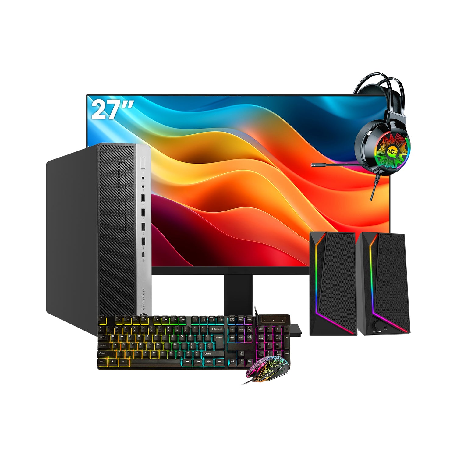 HP EliteDesk 800 G4  SFF Desktop PC - Intel Core i5 - 8th Gen Up to 4.10 GHz Processor, 16GB DDR4 RAM, 512GB - 1TB SSD, Windows 11Pro, New 24/27 inch FHD Monitor, RGB Speaker / SoundBar / Headset - Refurbished