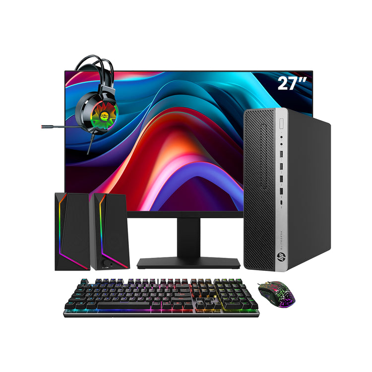 HP EliteDesk 800 G4  SFF Desktop PC - Intel Core i5 - 8th Gen Up to 4.10 GHz Processor, 16GB DDR4 RAM, 512GB - 1TB SSD, Windows 11Pro, New 24/27 inch FHD Monitor, RGB Speaker / SoundBar / Headset - Refurbished