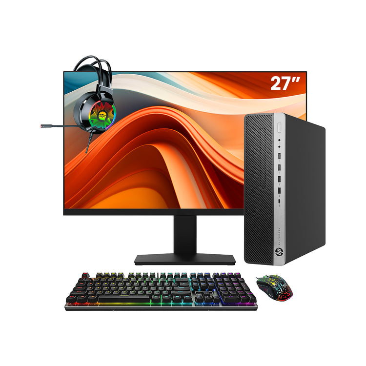 HP EliteDesk 800 G4  SFF Desktop PC - Intel Core i5 - 8th Gen Up to 4.10 GHz Processor, 16GB DDR4 RAM, 512GB - 1TB SSD, Windows 11Pro, New 24/27 inch FHD Monitor, RGB Speaker / SoundBar / Headset - Refurbished