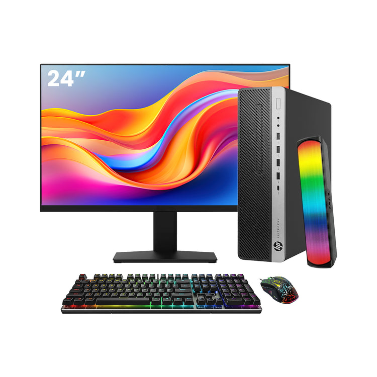 HP EliteDesk 800 G4  SFF Desktop PC - Intel Core i5 - 8th Gen Up to 4.10 GHz Processor, 16GB DDR4 RAM, 512GB - 1TB SSD, Windows 11Pro, New 24/27 inch FHD Monitor, RGB Speaker / SoundBar / Headset - Refurbished