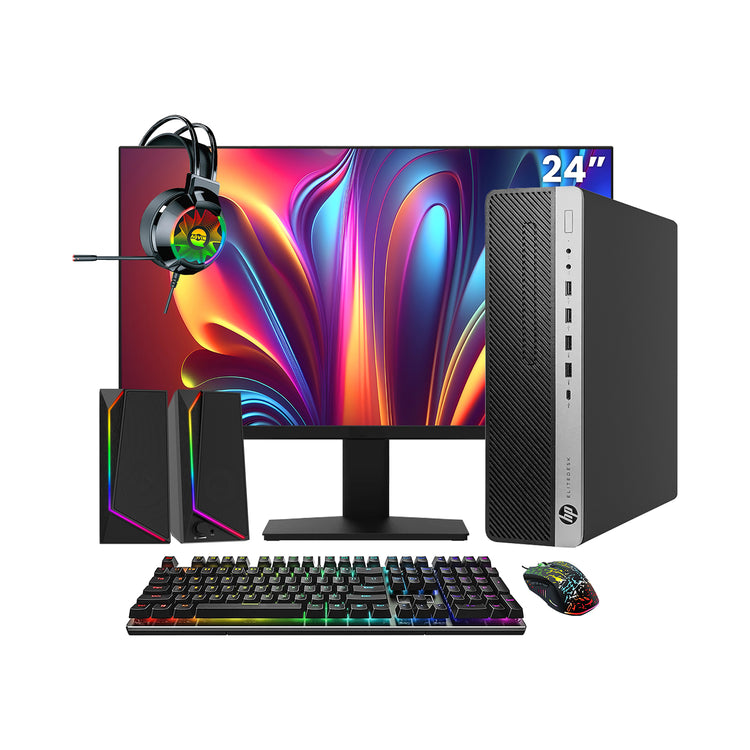 HP EliteDesk 800 G4  SFF Desktop PC - Intel Core i5 - 8th Gen Up to 4.10 GHz Processor, 16GB DDR4 RAM, 512GB - 1TB SSD, Windows 11Pro, New 24/27 inch FHD Monitor, RGB Speaker / SoundBar / Headset - Refurbished