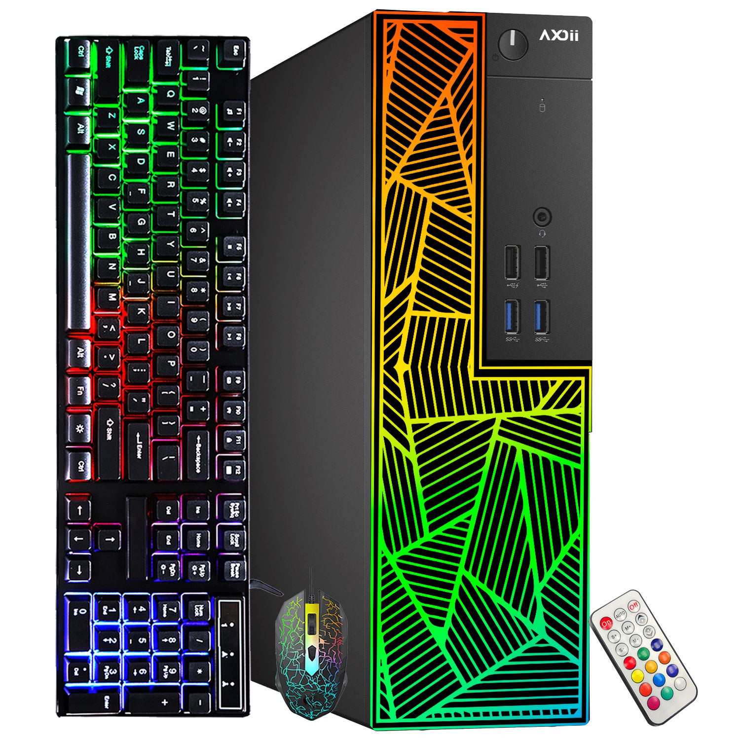 AXOII Custom RGB Desktop PC - Intel Core I5 - 8th Gen Up to 4.10 GHz Processor, AMD / GeForce Graphics Card, 16GB DDR4 RAM, 256GB NVMe + 1TB HDD, Gaming Keyboard & Mouse - Windows 11 Pro