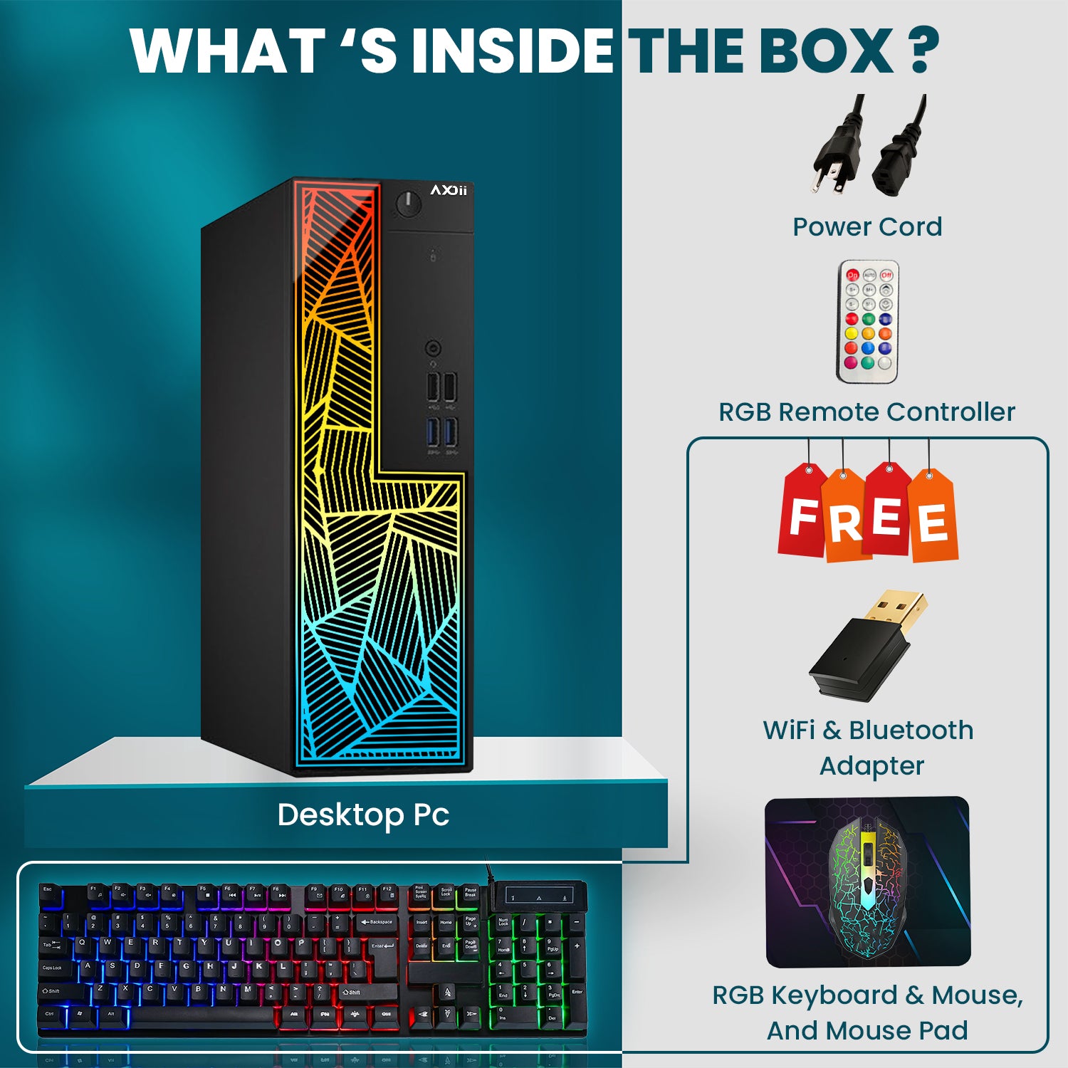 AXOII Custom RGB Desktop PC - Intel Core I5 - 8th Gen Up to 4.10 GHz Processor, AMD / GeForce Graphics Card, 16GB DDR4 RAM, 256GB NVMe + 1TB HDD, Gaming Keyboard & Mouse - Windows 11 Pro